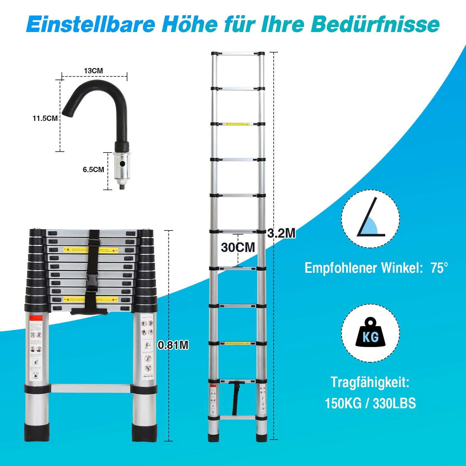 Silber Teleskopleiter Anlegeleiter haken Alu mit Ausziehleiter Clanmacy 3,2m Teleskopleiter