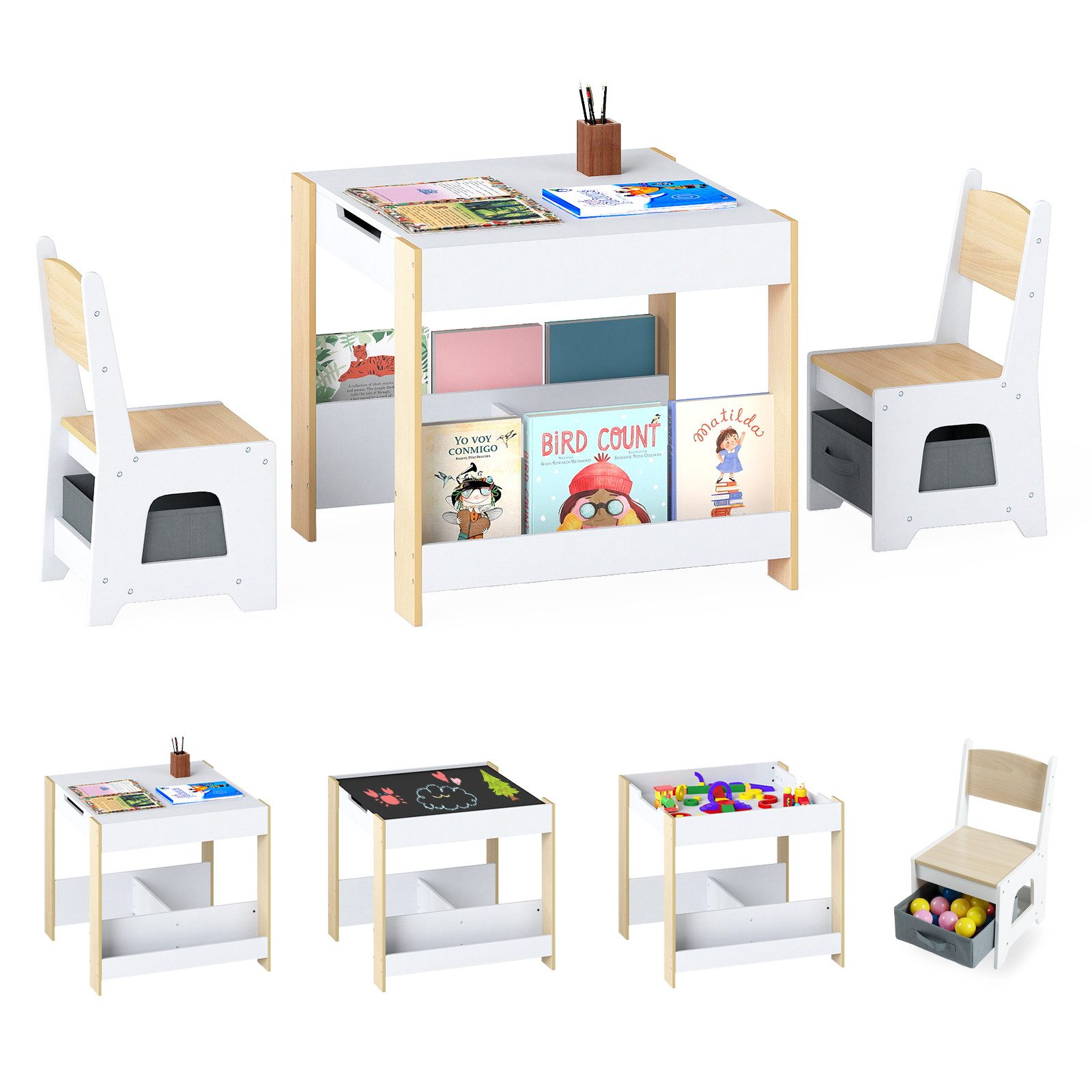 KOMFOTTEU Kindersitzgruppe, 4 in 1 Kindertisch mit 2 Stühlen, Seitenregalen & 2 Stoffboxen