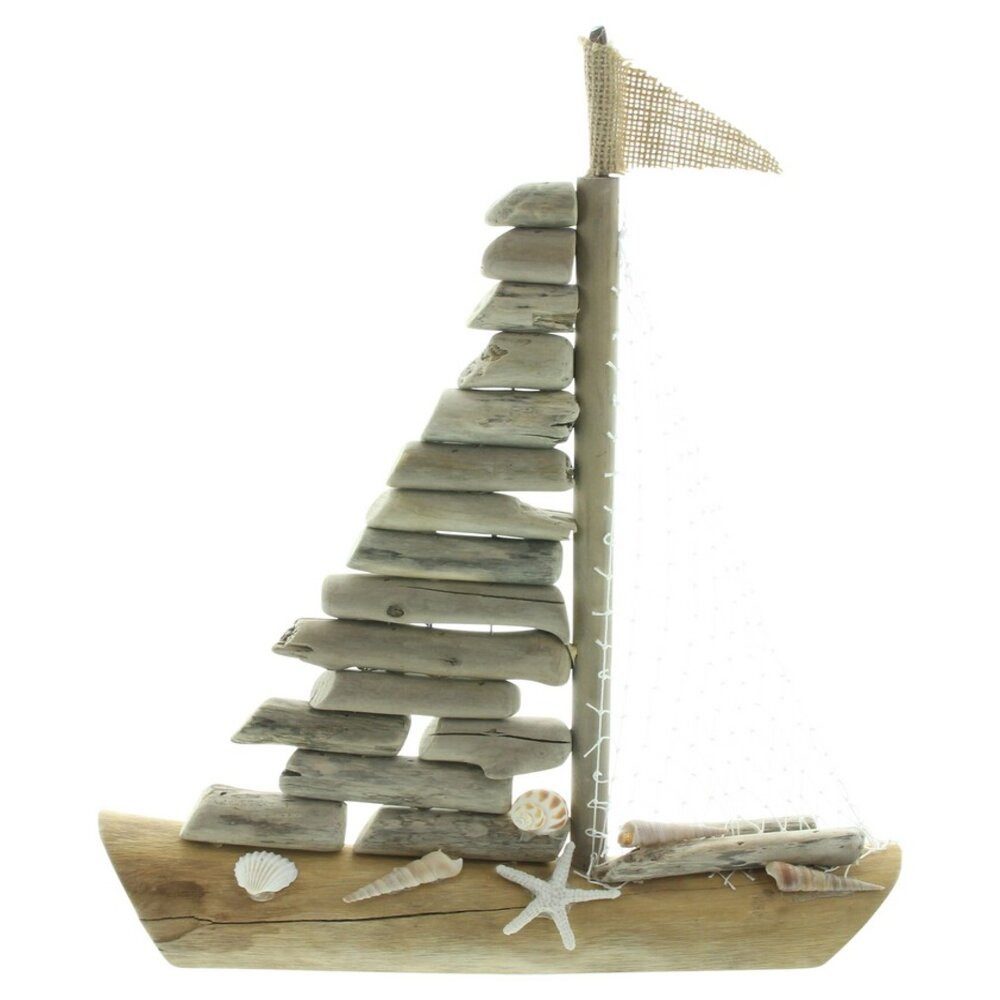 Home-trends24.de Dekofigur Dekoboot Segelboot Figur Holzstückchen Muscheldeko Maritim Objekt 39cm