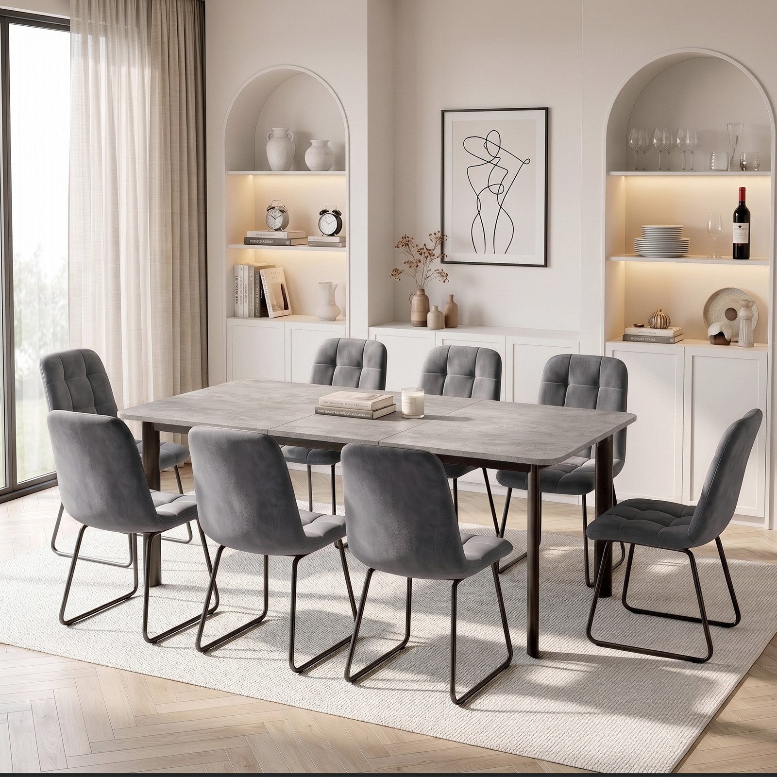 Jiexi Essgruppe Ausziehbares Esszimmerset (2m): MDF-Tisch & 8 Polsterstühle
