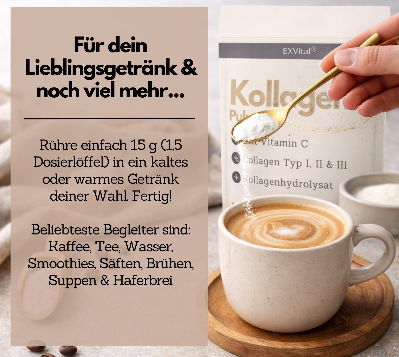 Kollagen Pulver mit Vitamin C (500g), 100% natürlich, ohne Zucker Pulver, 500 g, Ohne Zucker
