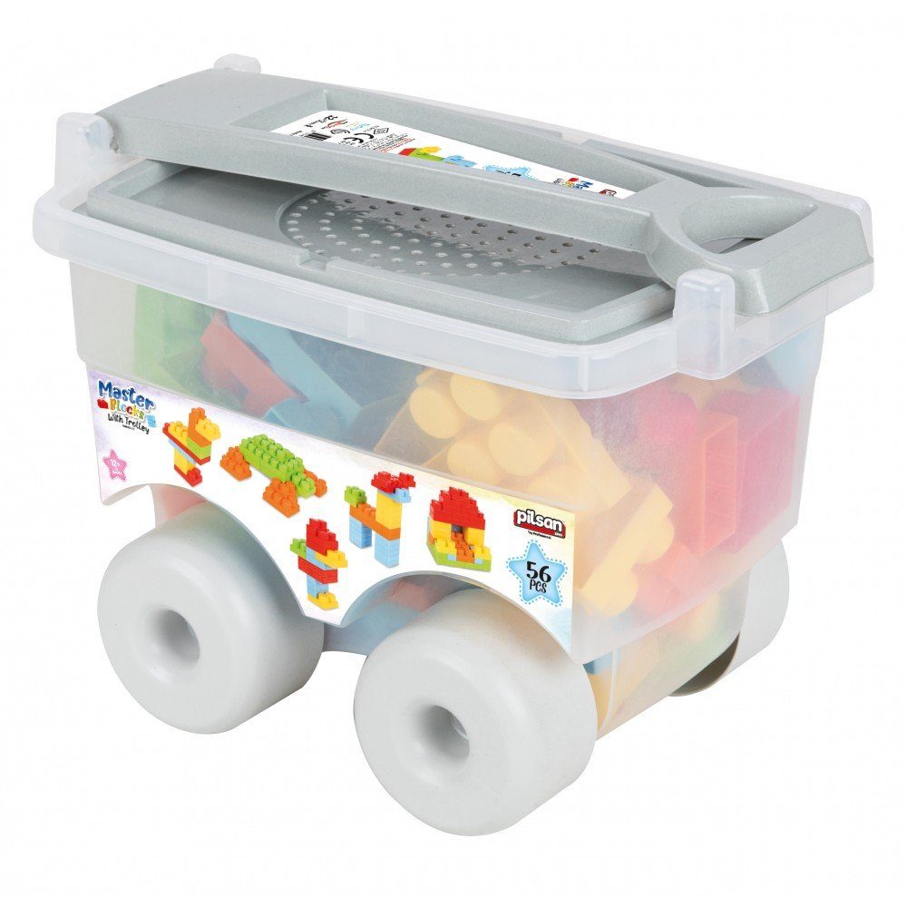 Pilsan Bausteine im Trolly 56 Teile Konstruktions-Spielset, (56 St), große bunte Bausteine, ab 12 Monaten