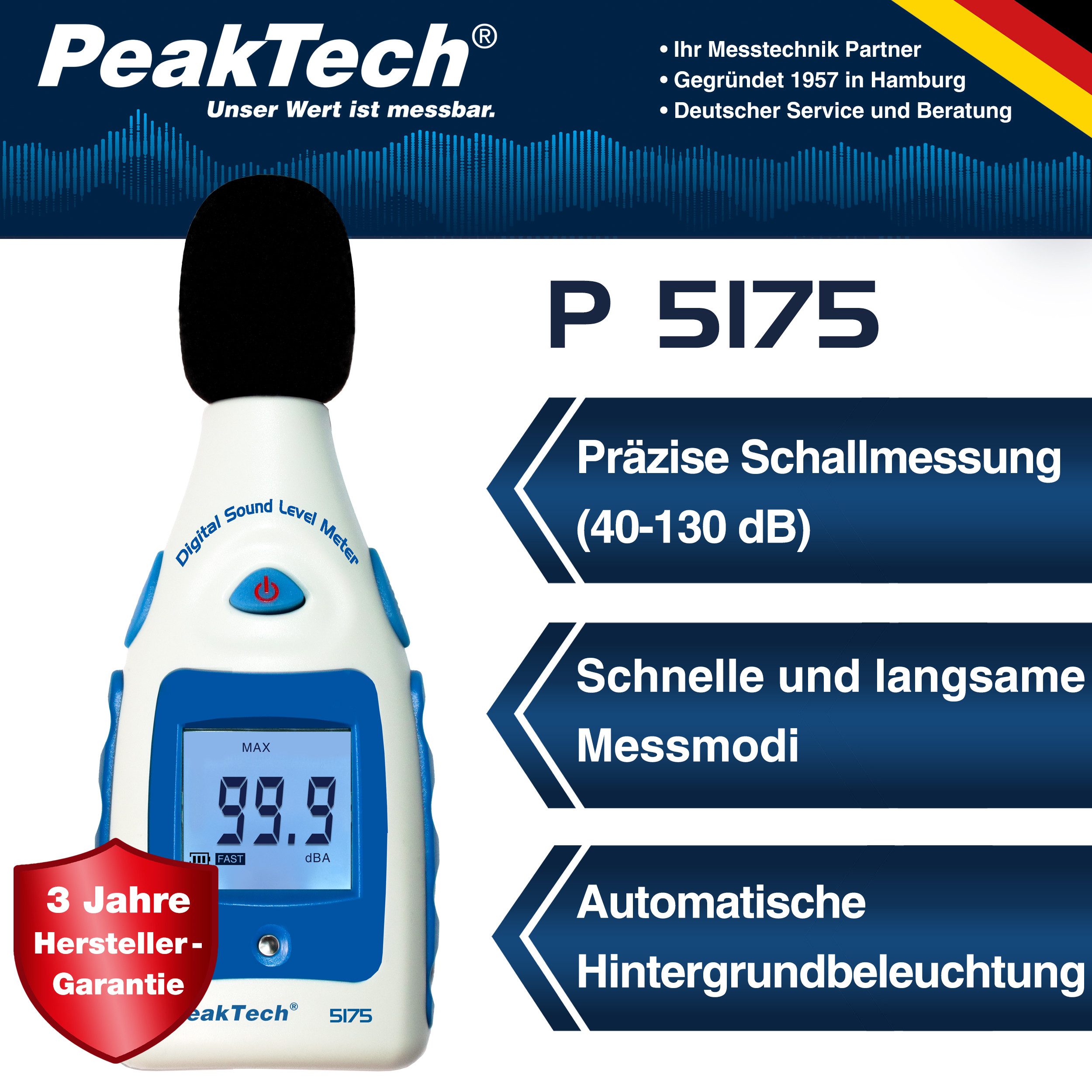PeakTech Klimamesser Digital Schallpegelmessgerät 30-130 Db in A-Bewertung