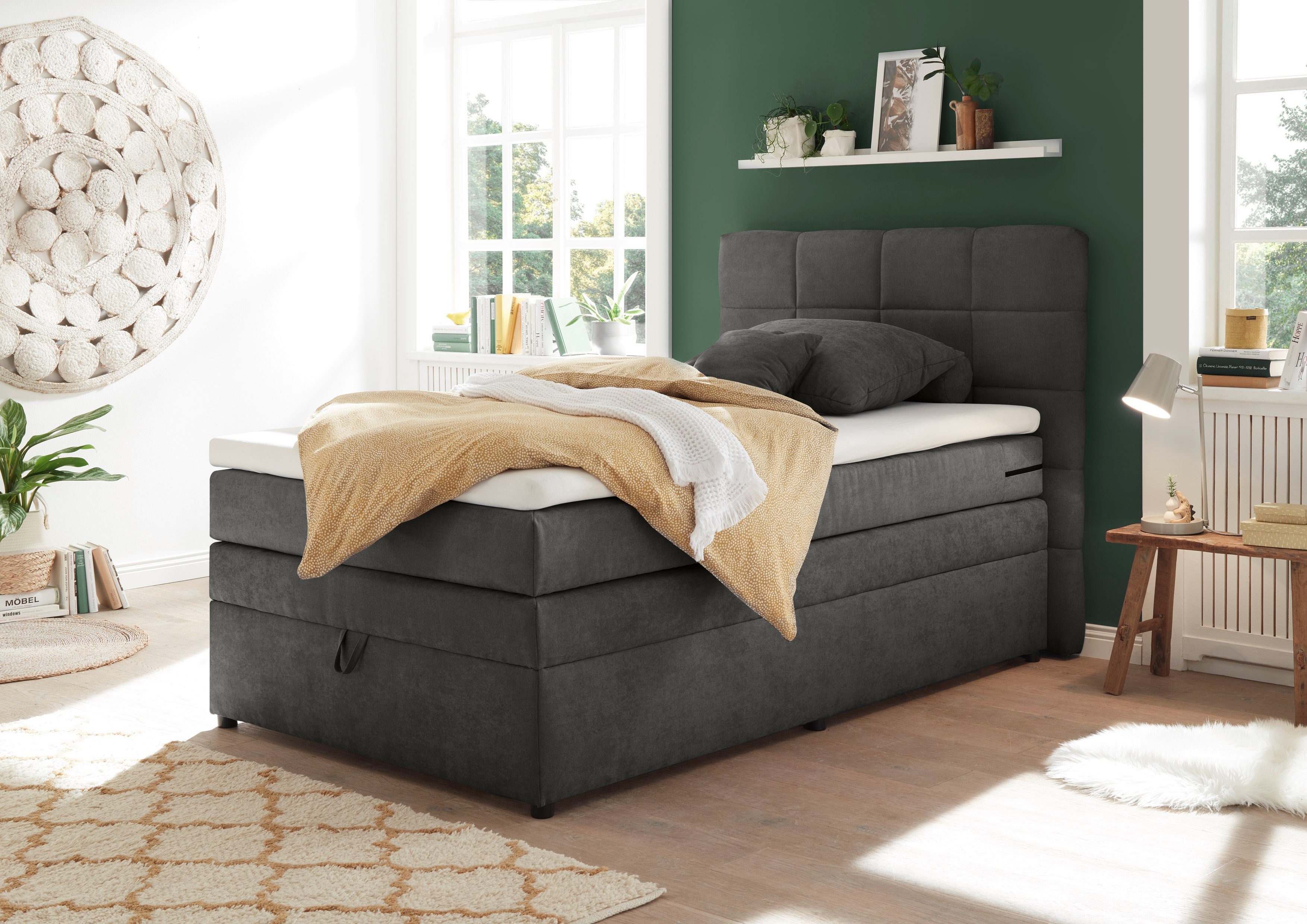 Boxspringbett inkl. Bettkasten EXCITING Soro 97 anthrazit und Topper DESIGN Tacoma, ED