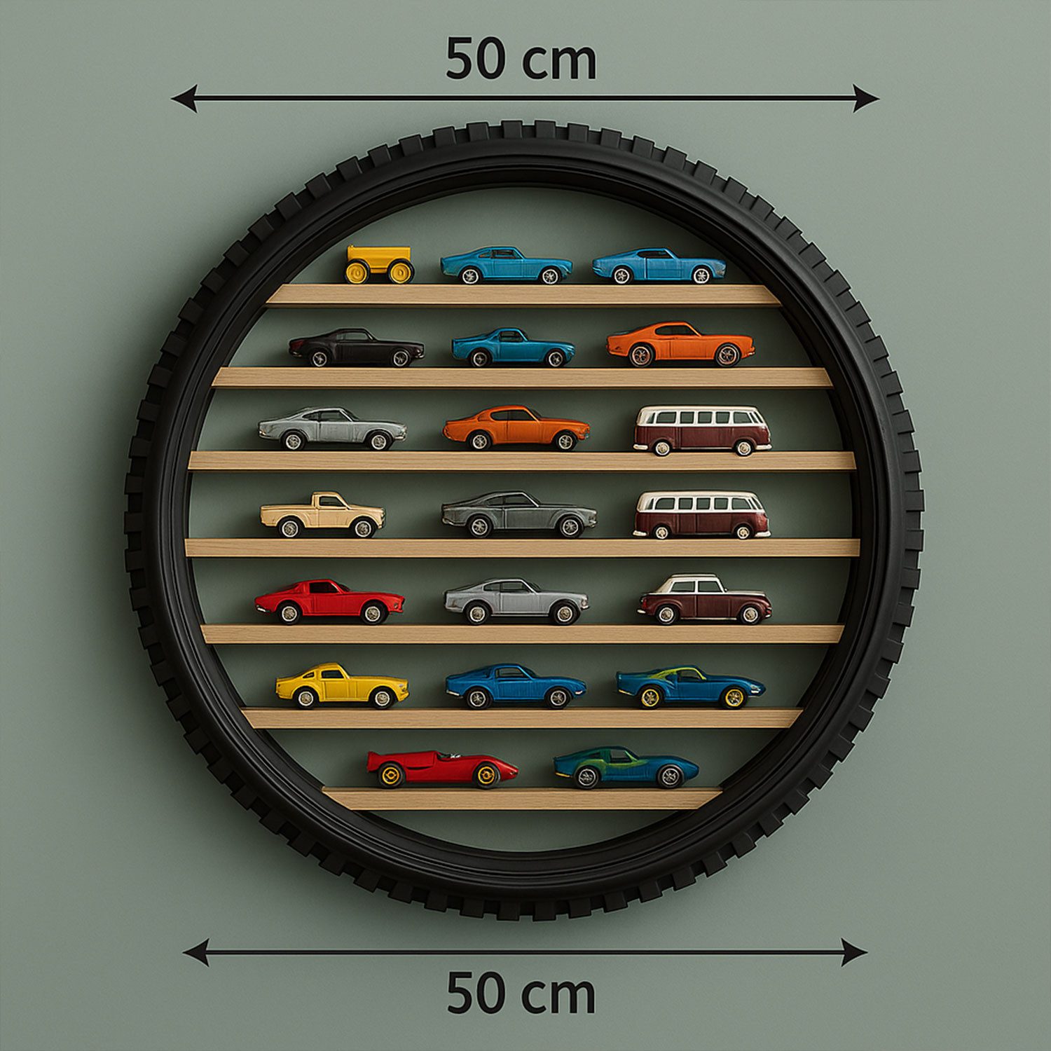 Jungengel Sammlerauto Wandregal Reifen Holz für Spielzeugautos Sammlerkasten Auto Regal Deko, (1-tlg., 1-tlg. Set bestehend aus einem handgefertigten Wandregal), Platz für ca. 30–50 Spielzeugautos, Platz für ca. 30–50 Spielzeugautos