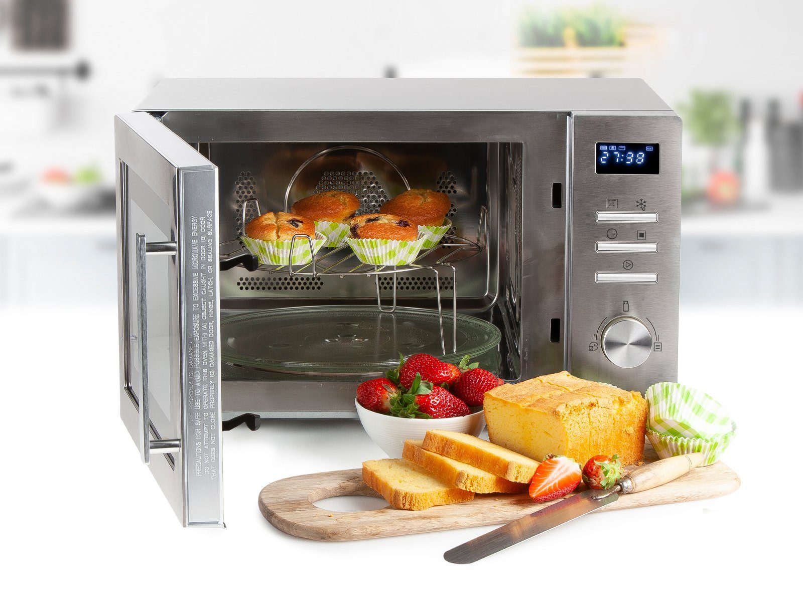 Domo Mikrowelle, Umluft, BBQ Grill, 10 Kochprogramme, Auftaufunktion, 34 l, 3in1 Konvektionsmikrowelle Timer mit Abdeckhaube, Design in Silber
