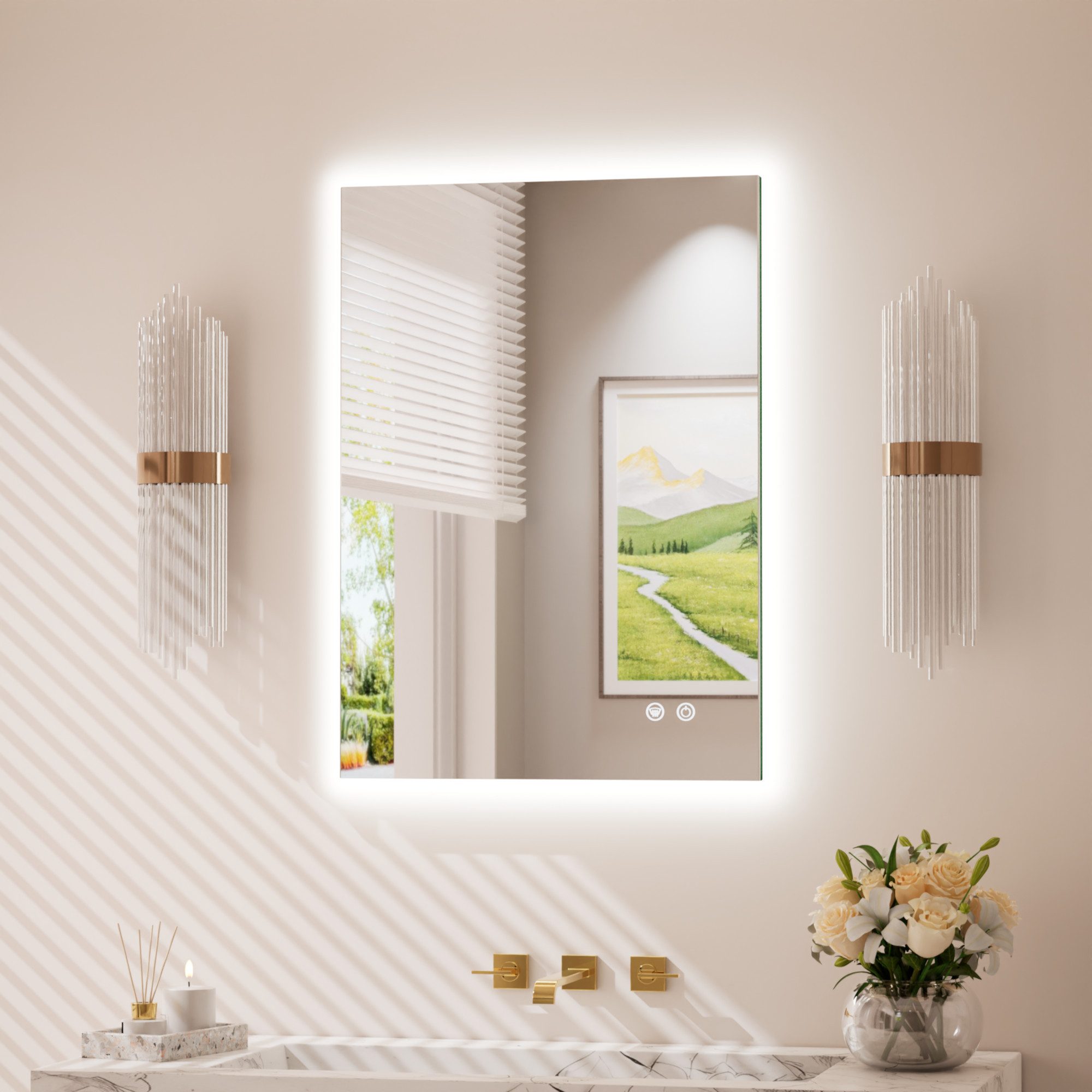 Keonjinn Badspiegel Badezimmerspiegel mit beleuchtung, Led Spiegel mit 3 Lichtfarben (Montage quer & hoch), Dimmbar, Speicherfunktion, Beschlagfrei, Touch Schalter, CRI>90