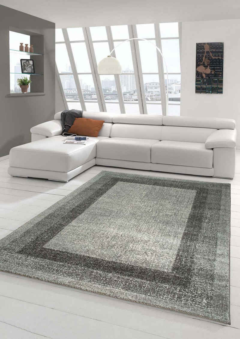 Teppich Designer Teppich Moderner Teppich Wohnzimmer Teppich Velours Kurzflor Teppich mit Winchester Bordüre in Grau Creme, Teppich-Traum, rechteckig, Höhe: 9 mm