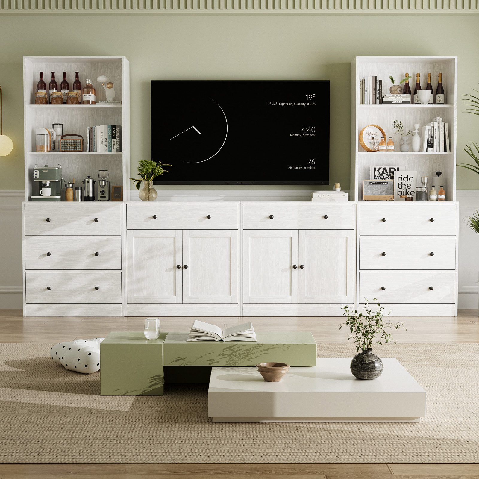 VOWNER TV-Schrank mit Bücherregalen für Fernseher bis zu 70 Zoll, 280 cm TV-Ständer (4-St) Wohnzimmer-Fernsehschrank mit gehärteten Glastüren und Einlegeböden