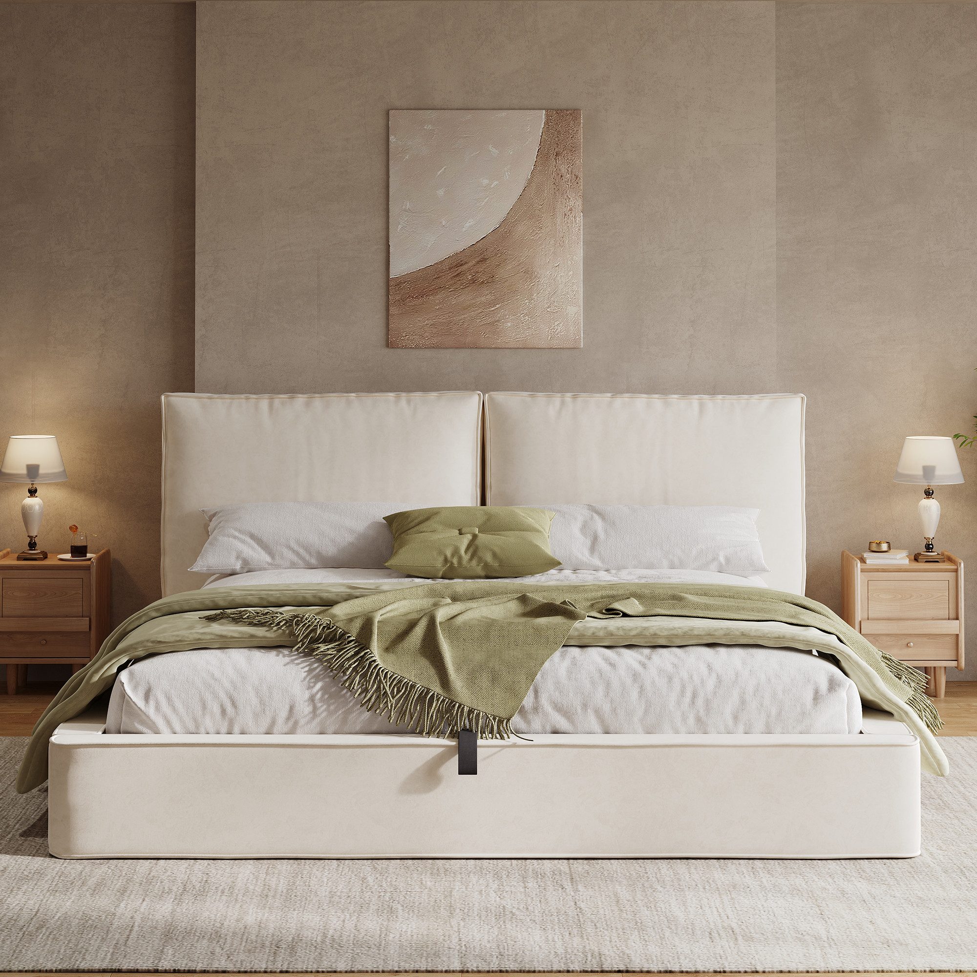 KLAM HOME Polsterbett Beiges Polsterbett aus Chenille mit gepolstertem hohem Kopfteil (Doppelbett 180x200cm mit Hydraulik-Stauraum und Lattenrost), Funktionsbet – Bild 4 von 5