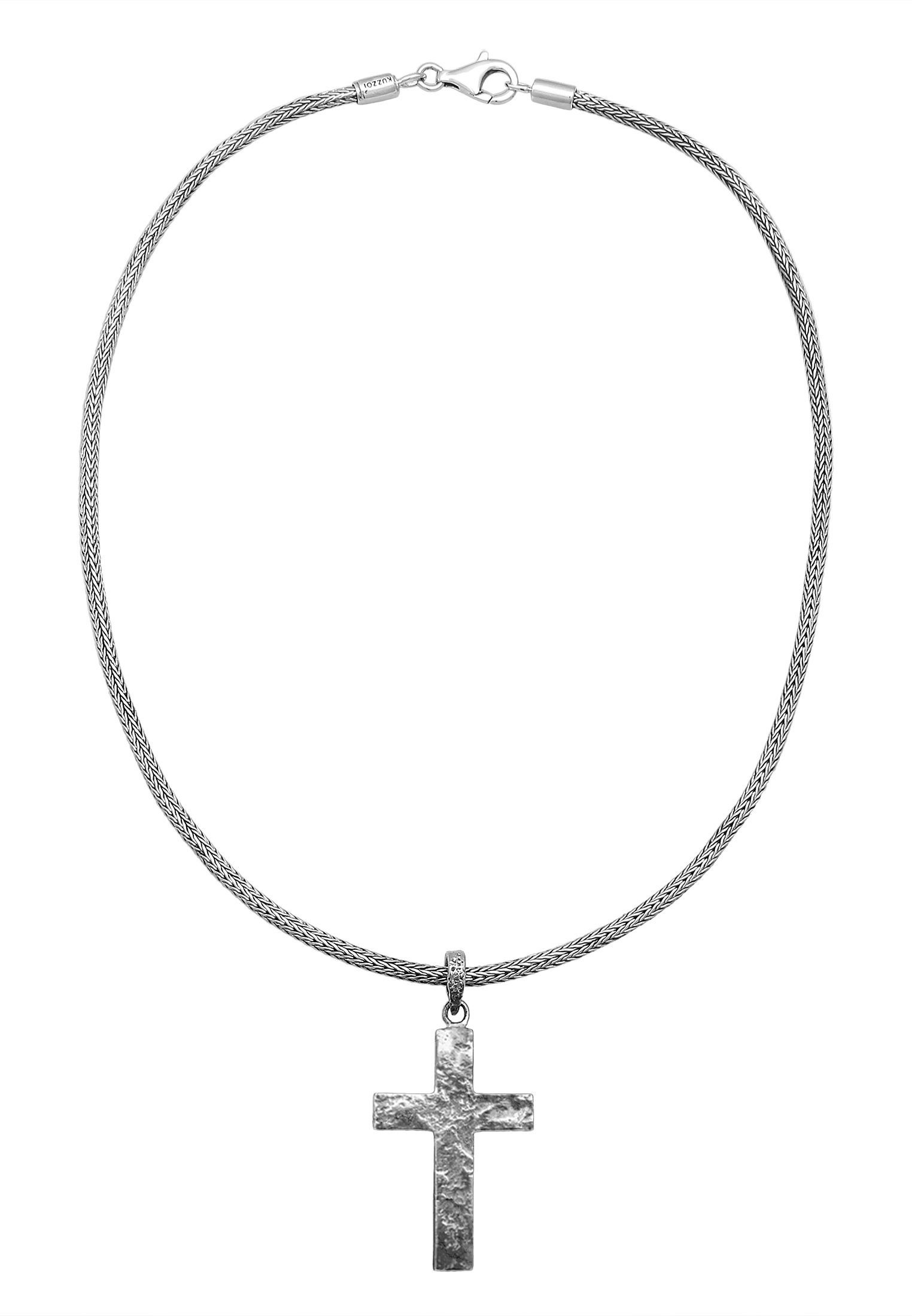 Kuzzoi Kette mit Anhänger Herren Zopfkette Kreuz Gehämmert 925 Silber