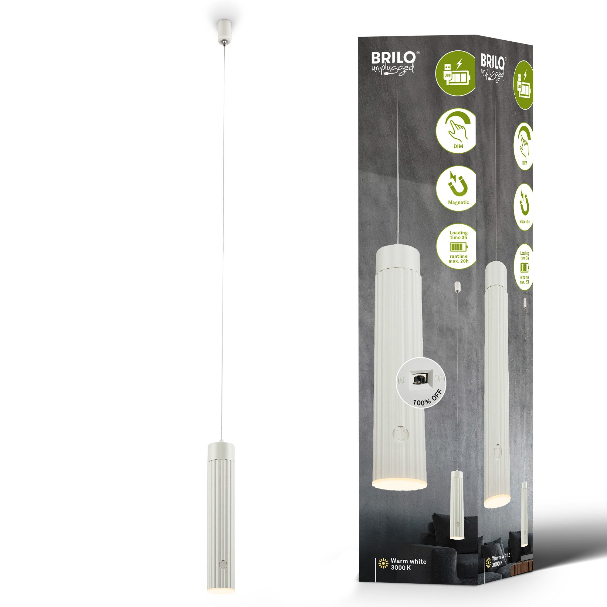 Briloner Leuchten LED Pendelleuchte Hängelampe Bettlampe Akku Touch Dimmbar USB-C Abnehmbar, LED fest integriert, 3000K, 4,5x20,5 cm, Esszimmer, Wohnzimmer, Schlafzimmer