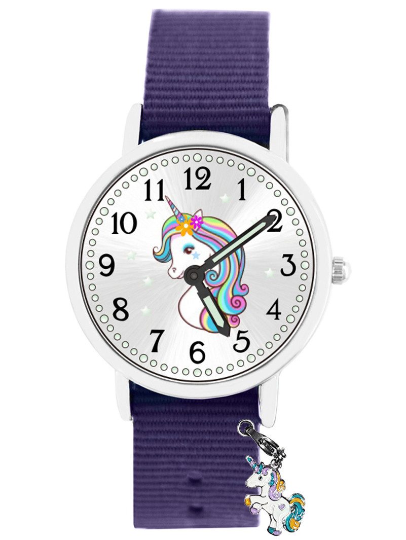 Quarzuhr Kinder Armbanduhr Einhorn mit Charms Leuchtsterne Wechselarmband 5ATM
