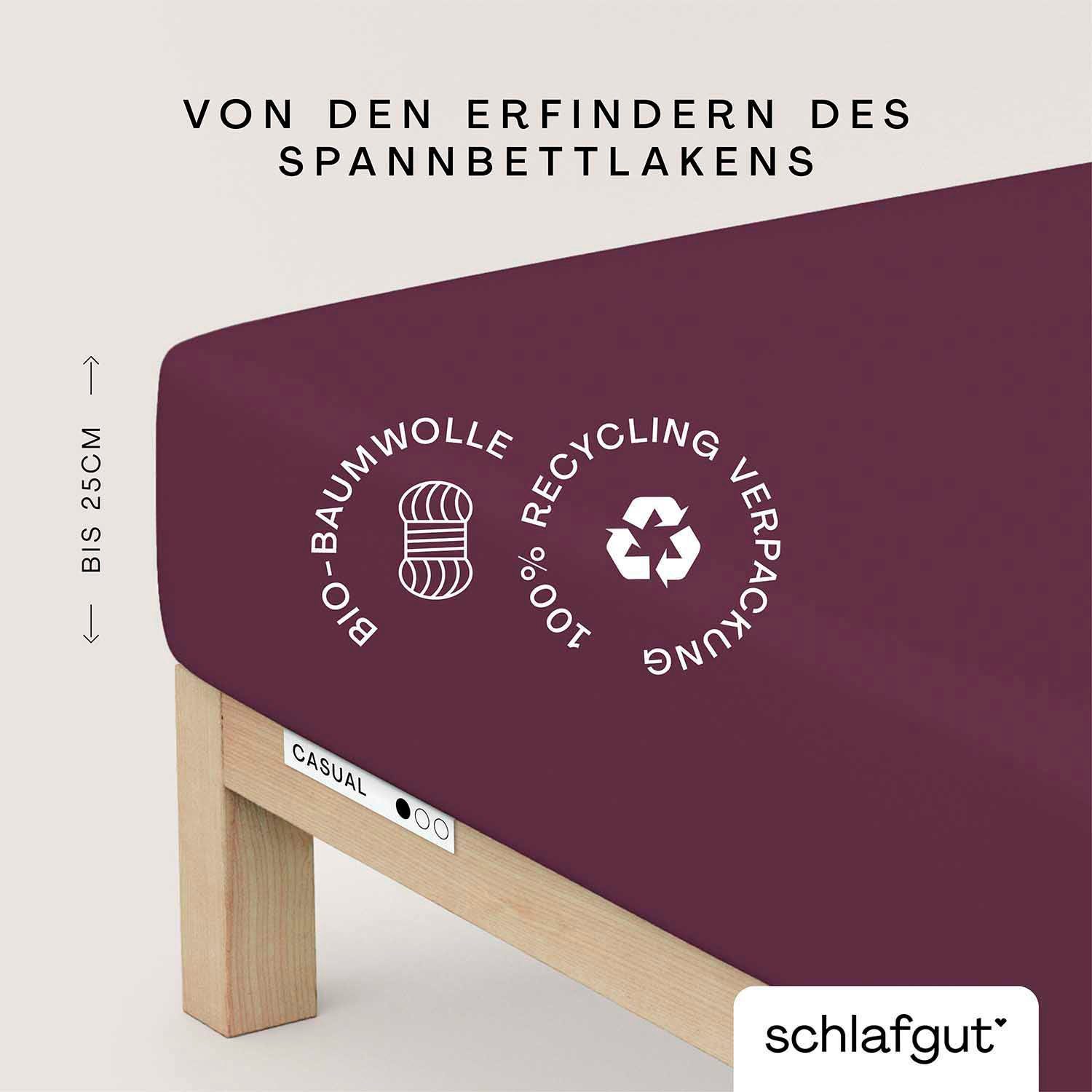 Spannbettlaken CASUAL u.a. 90x200, in Bio-Baumwolle, Gummizug: Stück), Jersey, (1 bis purple Matratzen 100% deep 180x200 Bettlaken Schlafgut, zuverlässig, 140x200 rundum, weich cm 25 Gr. langlebig, für Höhe, oder cm