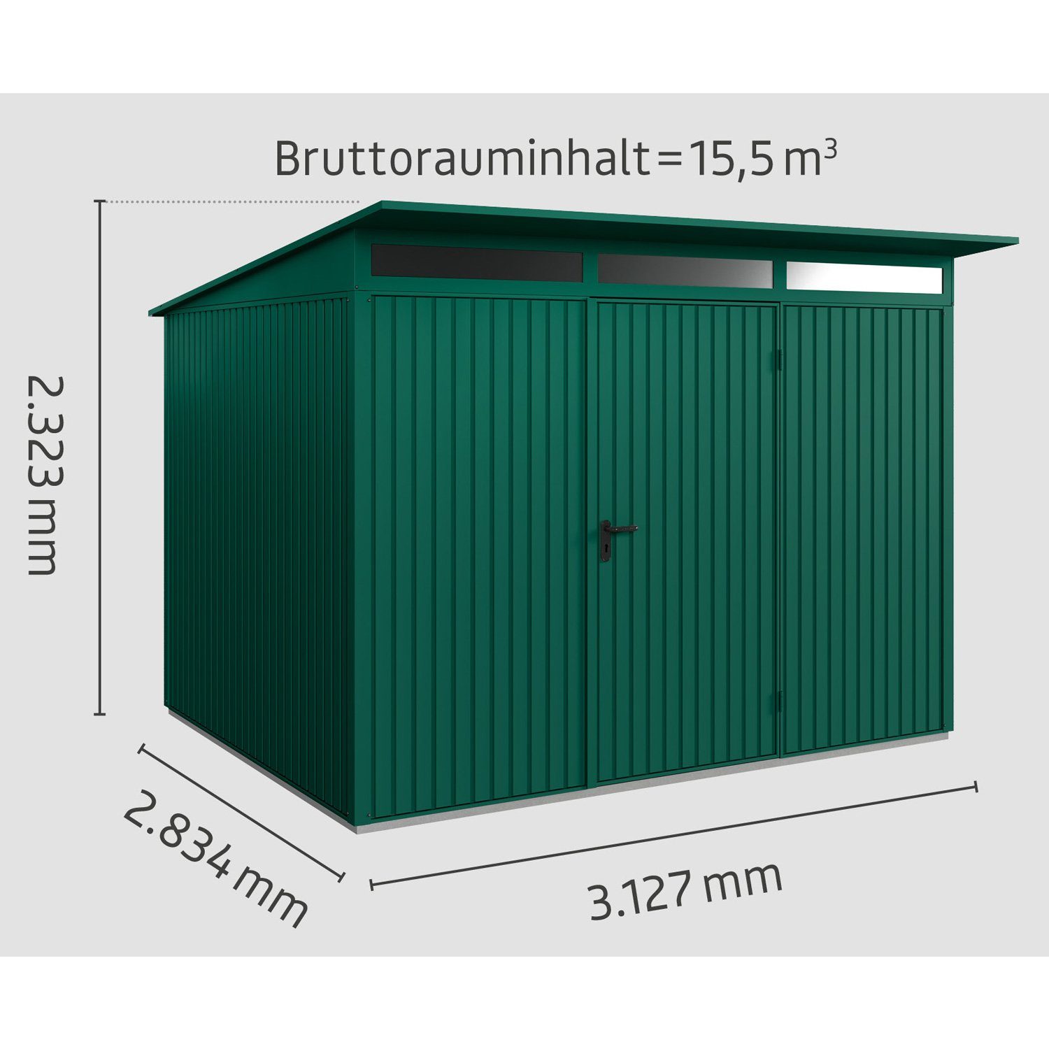 Hörmann Ecostar Gerätehaus Tür Typ mit moosgrün Trend Metall-Gerätehaus 1-flüglige 3, Pultdach