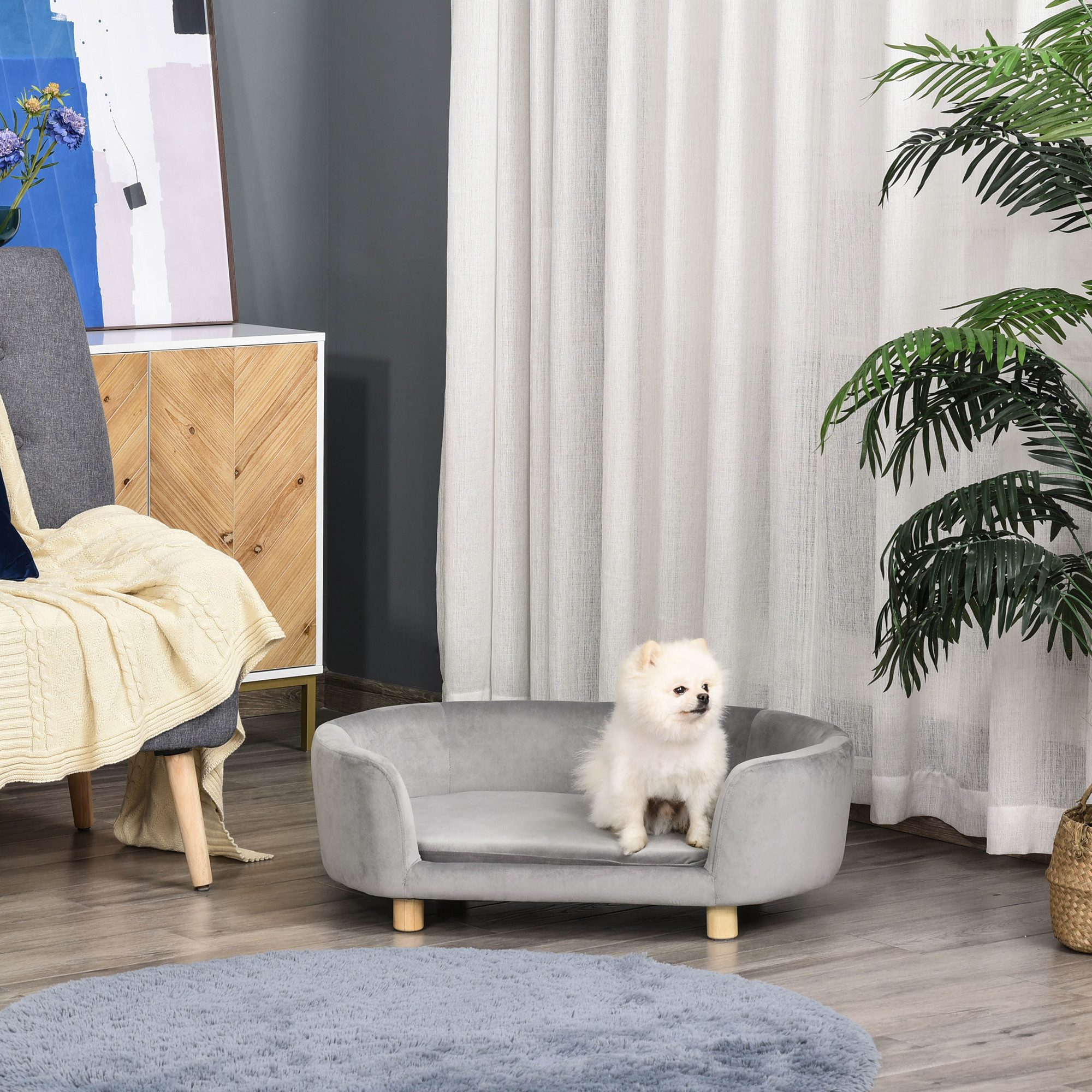 PawHut Tierbett Hundesofa, Hundebett mit Rückenlehne, Holzbeine, Kissen, Holländischer Samt, Hellgrau 86 x 55 x 33 cm