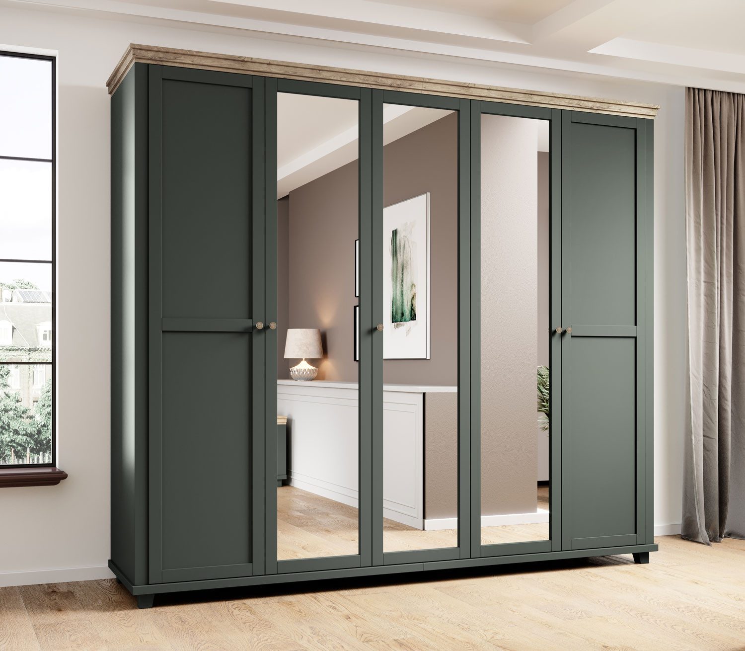 Helvetia Kleiderschrank Elda (mit Türen, mit Einlegeböden, mit Kleiderstangen, 1-St., moderne Optik, 5-türig mit Spiegel) 246x62x216cm grün / Eiche Lefkas 5-türig mit 3 Spiegeln