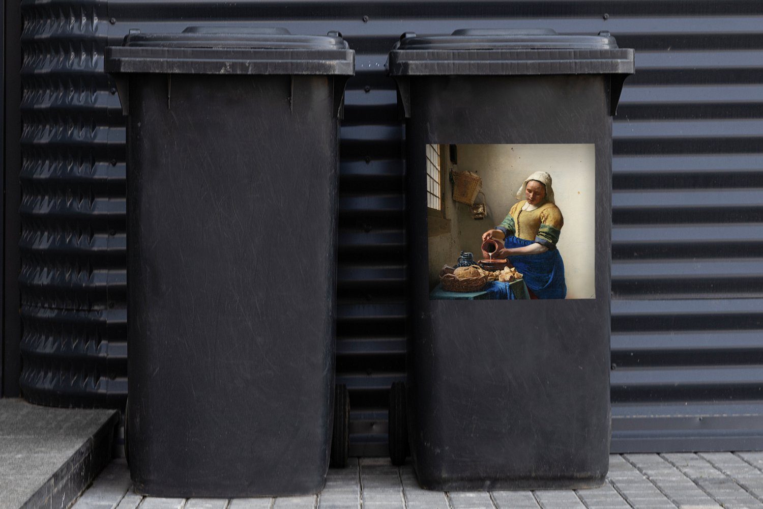 Sticker, MuchoWow - Mülltonne, Das Meister Kunst St), Wandsticker - Abfalbehälter - (1 Container, Alte Vermeer Milchmädchen Mülleimer-aufkleber,