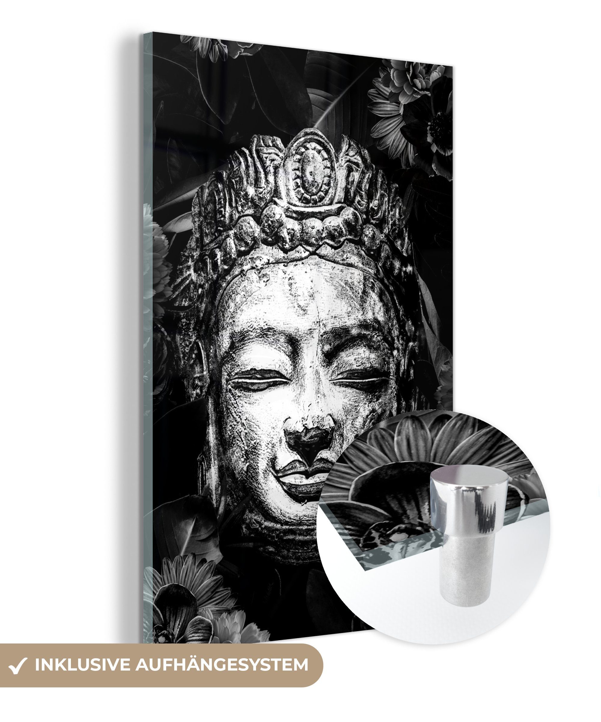 MuchoWow Acrylglasbild Rauher Kopf eines Buddhas mit Blumen und Blättern - schwarz und weiß, (1 St), Glasbilder - Bilder auf Glas Wandbild - Foto auf Glas - Wanddekoration bunt | Bilder