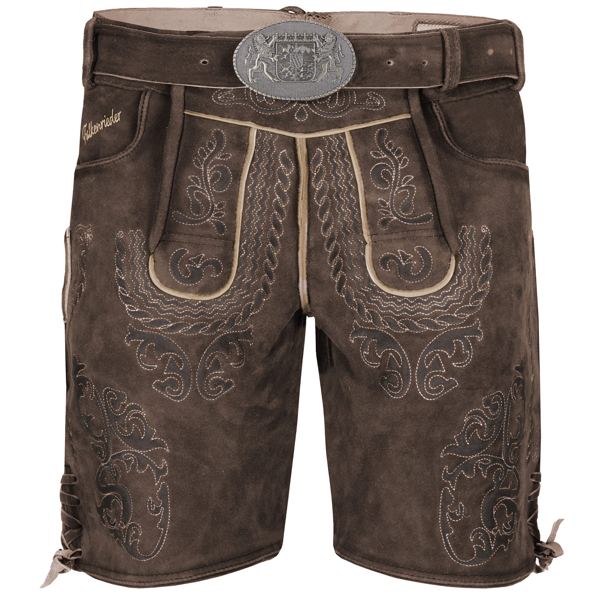 Falkenrieder Trachtenlederhose mit Gürtel - 100% Ziegenleder - Bayerische Lederhose Herren Kurz Handgemacht aus echtem Ziegenleder für Dein Oktoberfest Herren Outfit