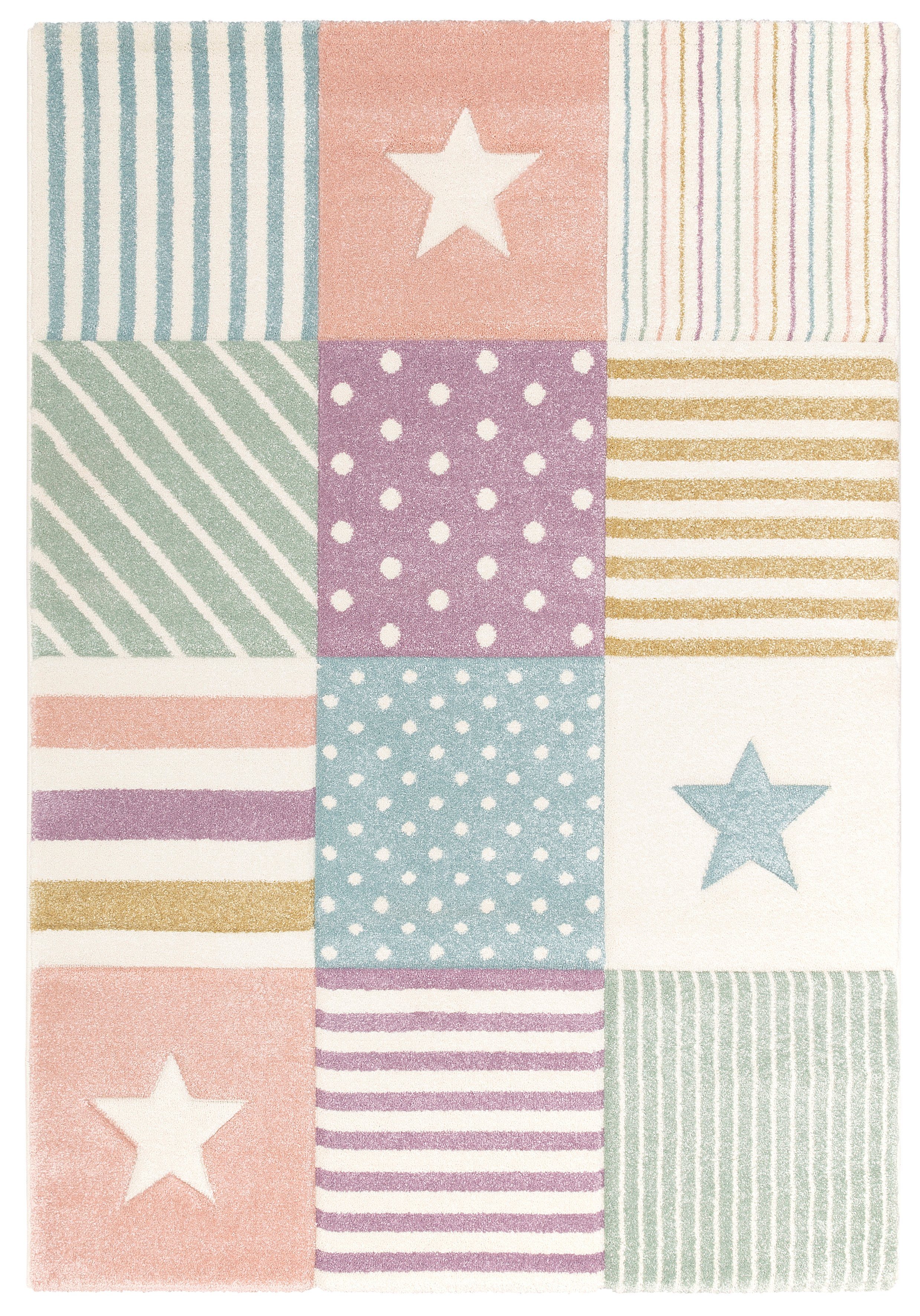 Lüttenhütt Kinderteppich Stern, rechteckig, Höhe: 13 mm, Kurzflor, handgearbeiteter Konturenschnitt, Patchwork, Pastell-Farben