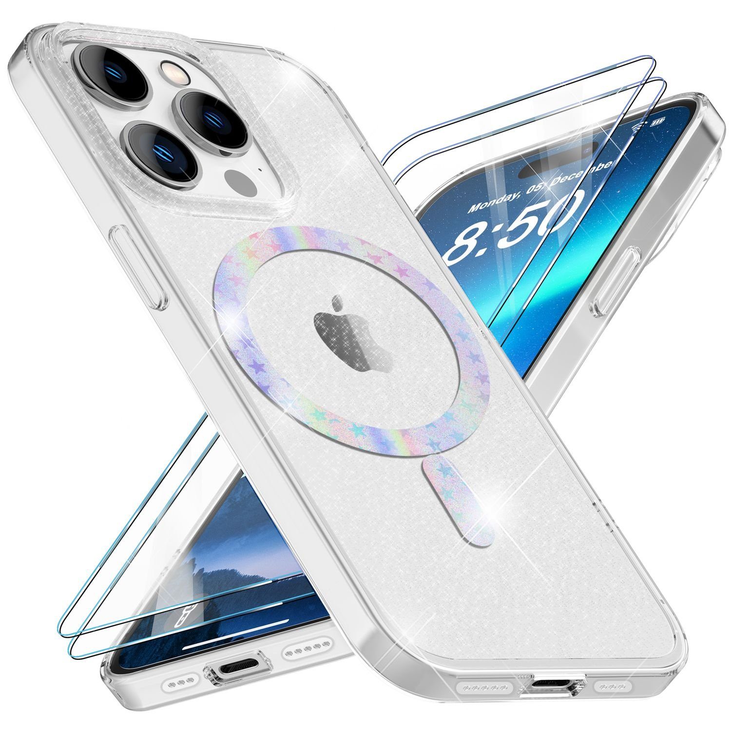 Nalia Smartphone-Hülle Apple iPhone 14 Pro 15,5 cm (6,1 Zoll), Klare Glitzer Hülle / MagSafe Funktion / 2x Schutzglas / Glitter Cover
