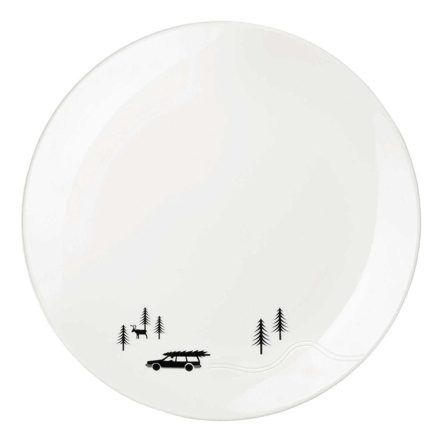 ASA SELECTION Десертная тарелка JOY, Ø 20,5 cm, Schwarz, Weiß, Keramik, (1 St), Motiv mit Tannenbäumen und einem gefälltem Tannenbaum auf dem Auto
