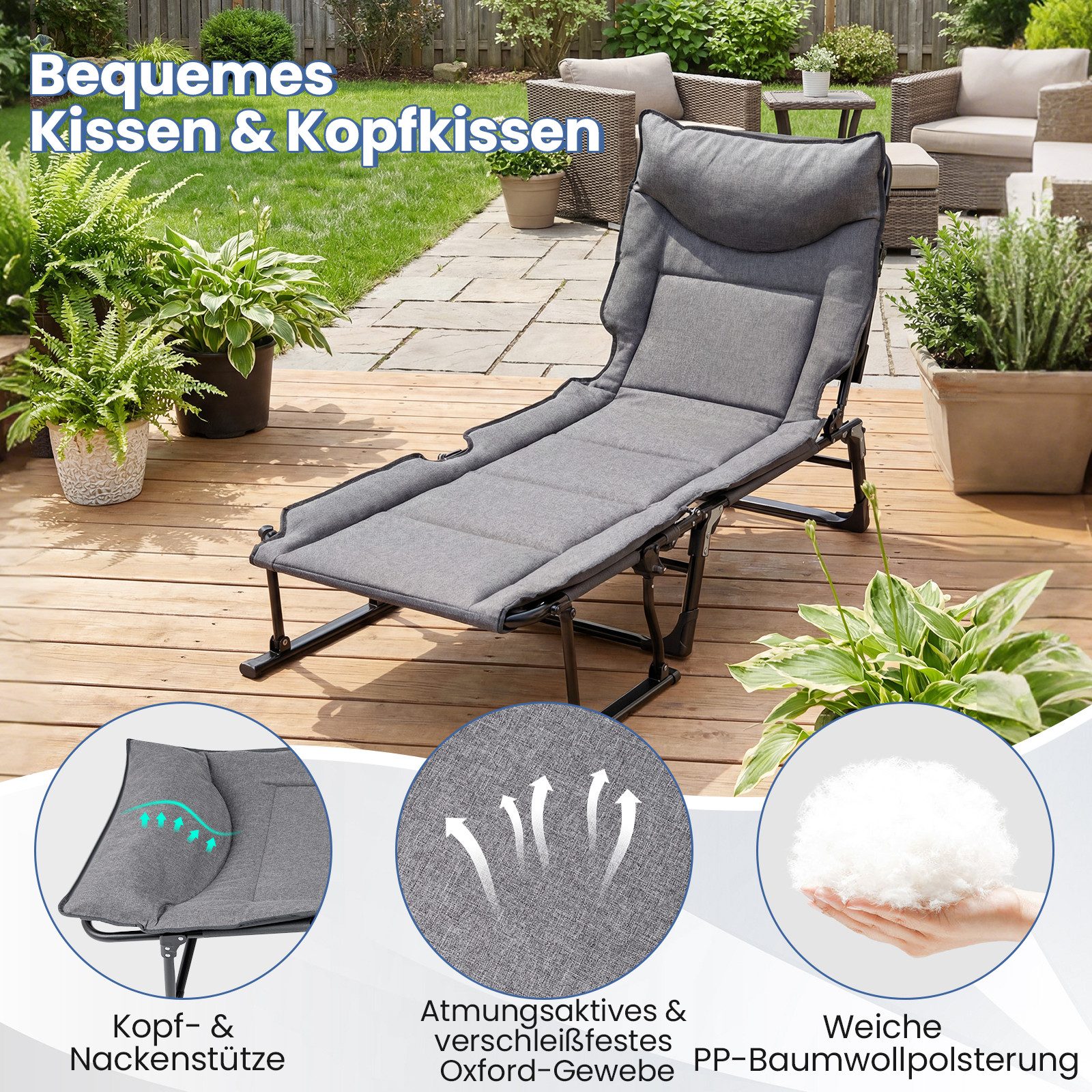 COSTWAY Gartenliege, 3 in 1 Klappbett mit Auflage, Kopfstütze, verstellbar