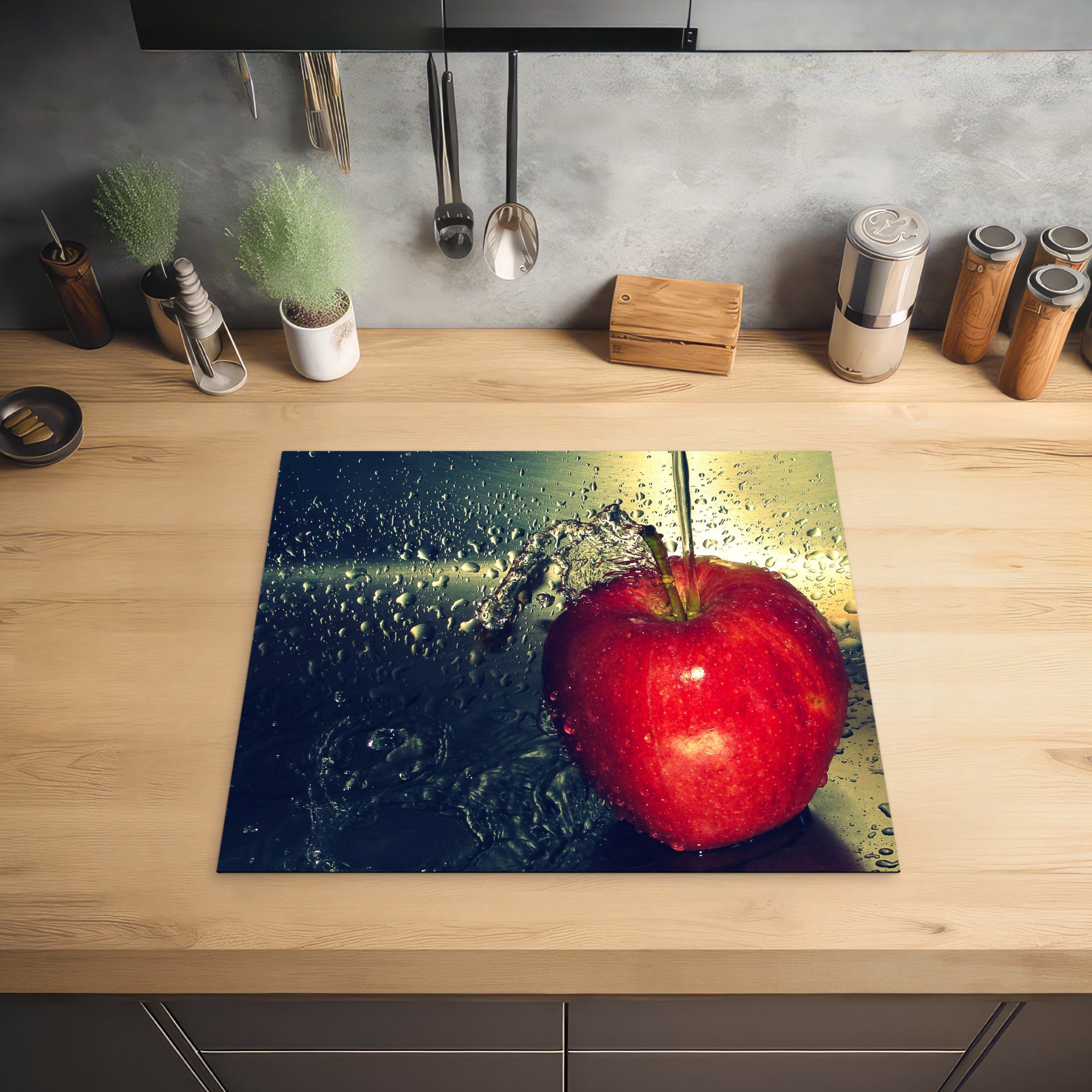 - Apfel - die tlg), Herdblende-/Abdeckplatte Vinyl, Ceranfeldabdeckung für 59x52 Rot Induktionsmatte Wasser, MuchoWow küche, (1 cm,