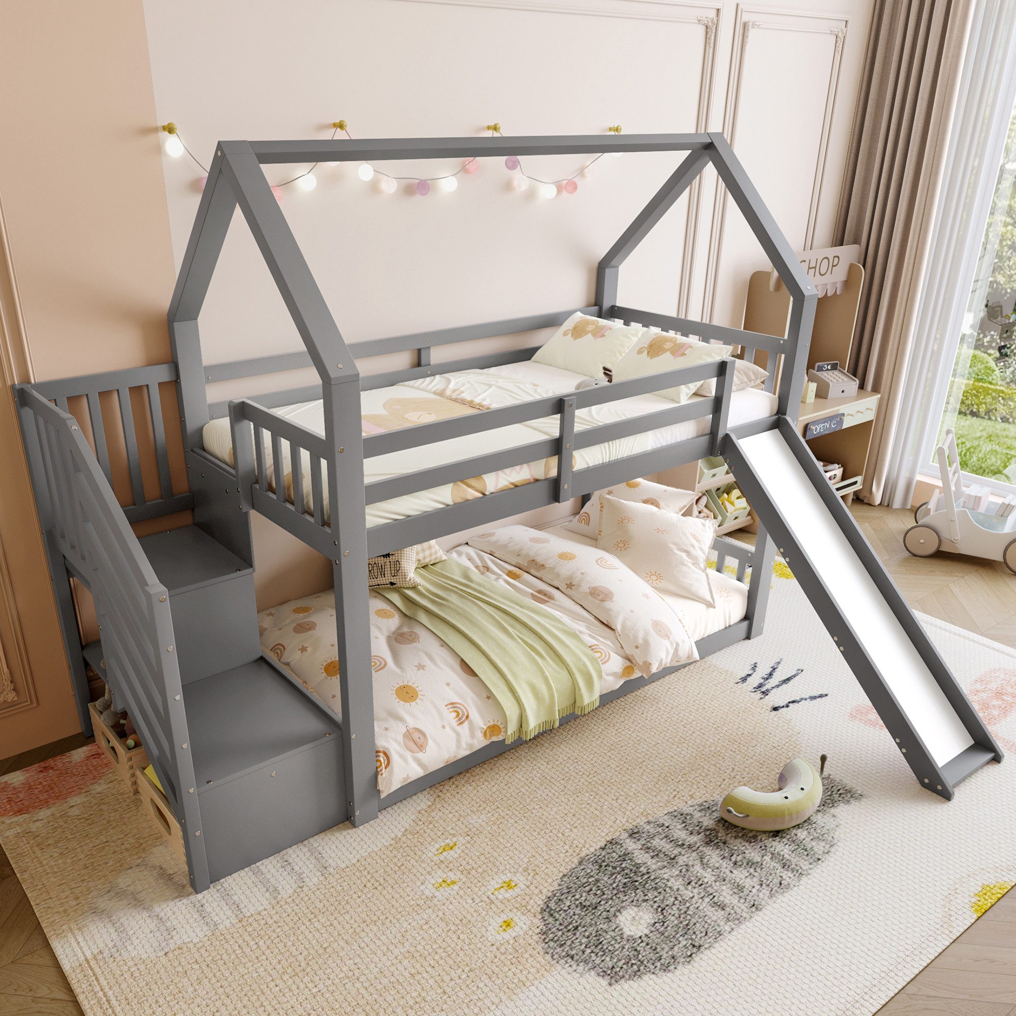 STILVORA Etagenbett 90x200 Kinderbett mit Rutsche,Hausbett mit Geländer,ohn günstig online kaufen