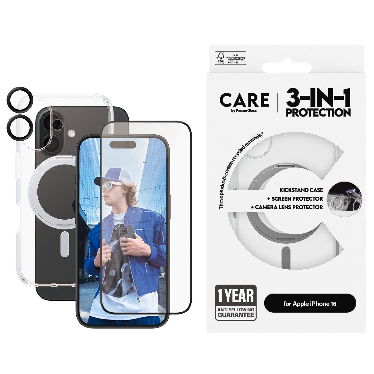 CARE by PanzerGlass Displayschutzglas 3 in 1 Protection Ceramic Glass Kickstand Case Lens Cover fur Apple iPhone 16 Displayschutzfolie