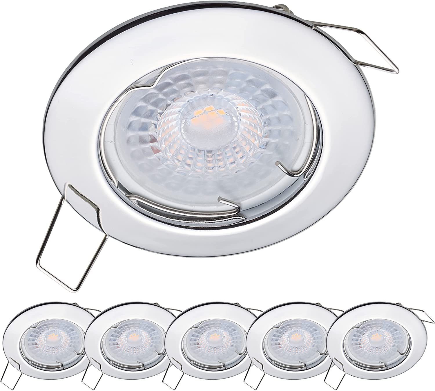 Oktaplex lighting LED Einbaustrahler 6 Stück LED Deckenspot flach inkl. 6 Stück LED Module 4,8W 380 Lumen, sehr flach, Leuchtmittel wechselbar, neutralweiß, 4000 Kelvin 230V chromfarben