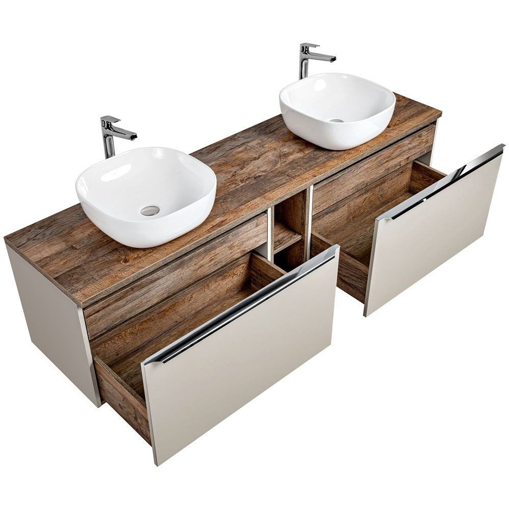 Lomadox Waschtisch PUEBLA-56-TAUPE, Eiche 2 Keramikbecken günstig online kaufen