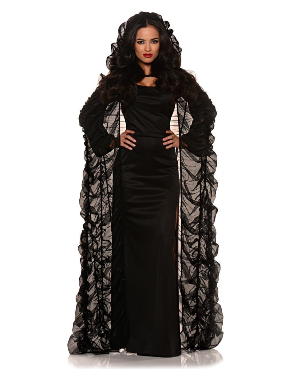 Horror-Shop Vampir-Kostüm Schwarzes Chiffon Cape mit Kapuze für Halloween Ko