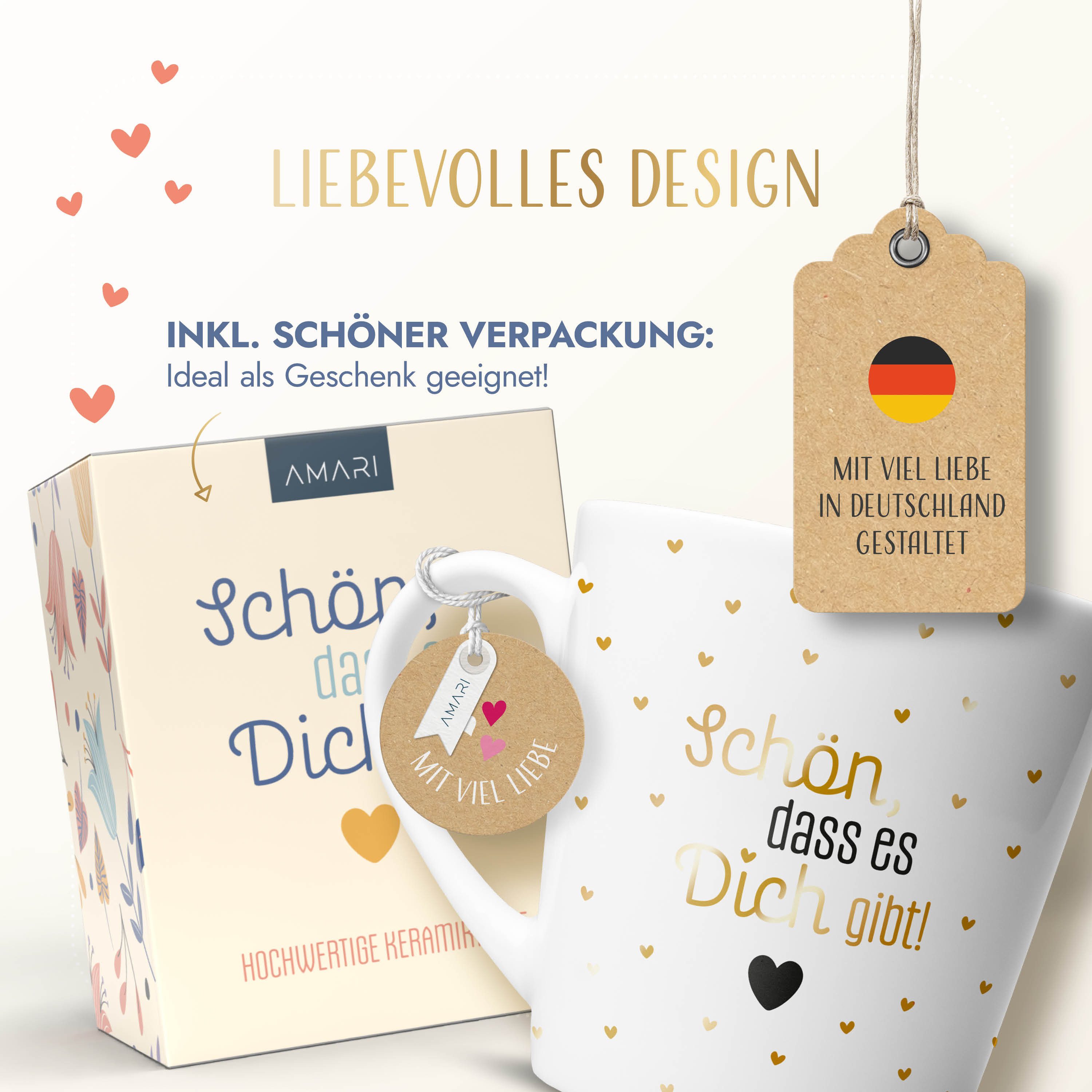 Amari Tasse Schön dass es dich gibt, Geschenkidee Freundin Mama Partner Gold Nr.22, Kaffeetasse Teetasse Bürotasse 330 ml Geschenkbox Geburtstag – Bild 4 von 5