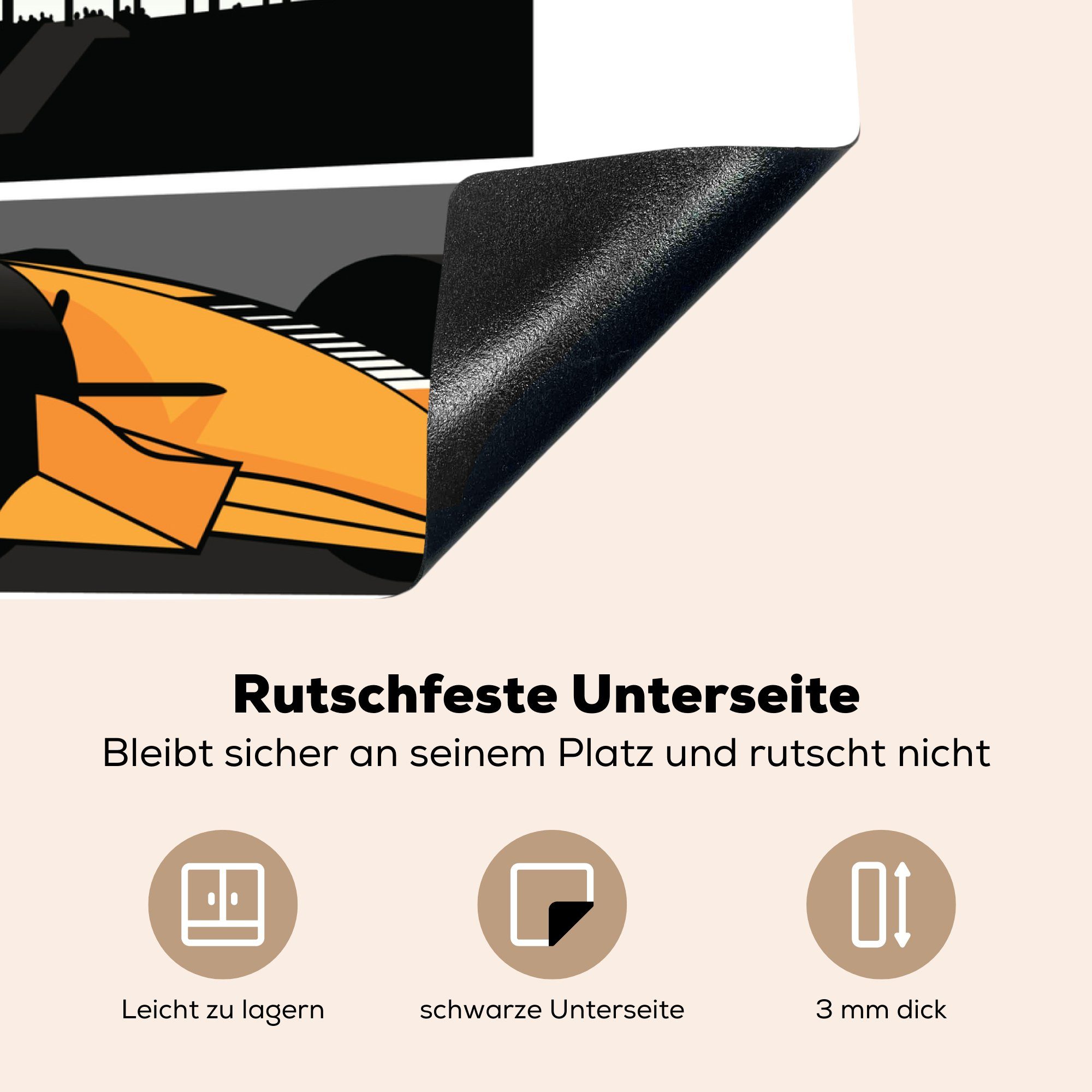 MuchoWow Herdblende-/Abdeckplatte Ein gelber tlg), (1 einer aus cm, Illustration, Ceranfeldabdeckung nutzbar, Formel 1 70x52 Arbeitsfläche Mobile Vinyl, Rennwagen der in