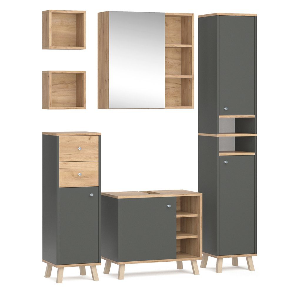 Vicco Badmöbel-Set Senyo, Anthrazit/Goldkraft Eiche, 5 günstig online kaufen
