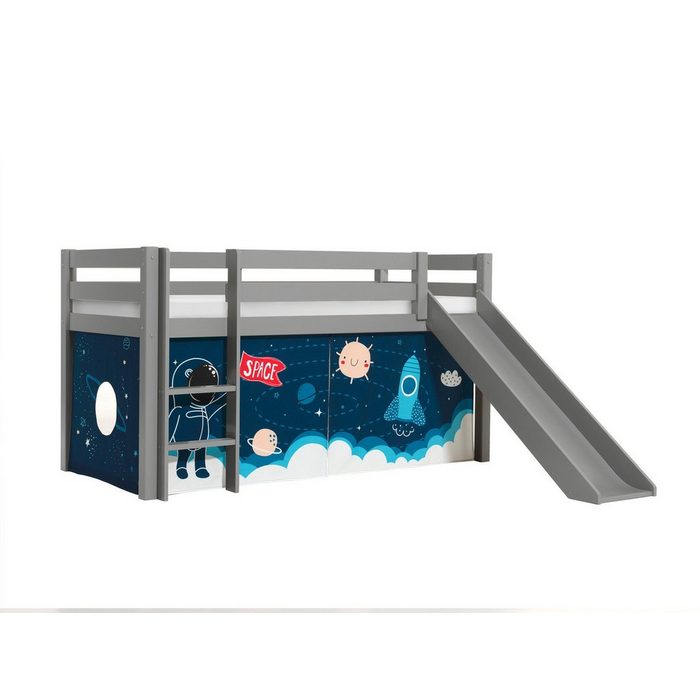 Natur24 Kinderbett Halbhohes Bett Pino mit Rutsche und Textilset Rakete Kiefer Grau