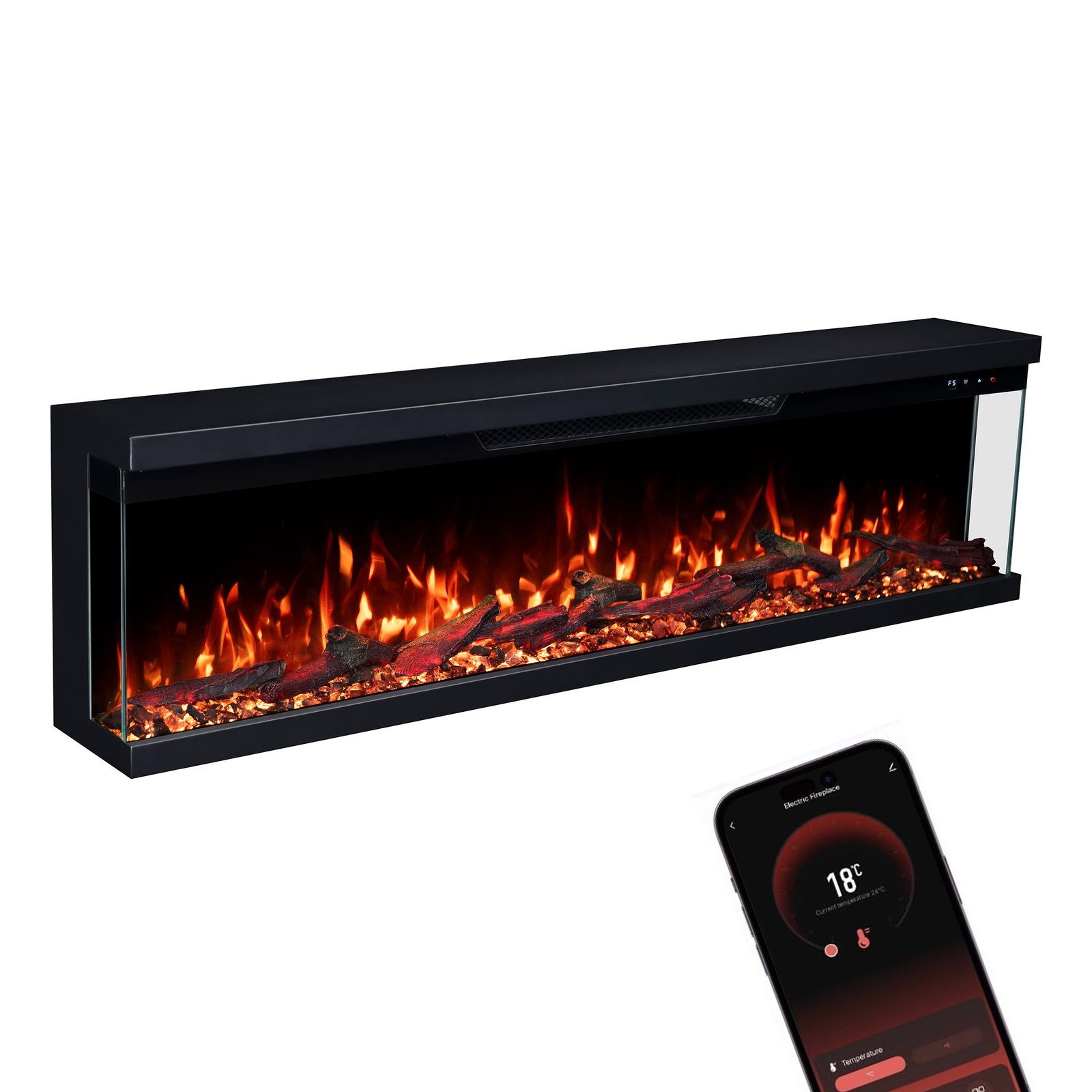 GF Core Elektrokamin Insert Wandkamin mit 3D Feuer und Heizung (Thermostat, 900- 1800 W), Elektrischer Stand-, Wand- oder Einbaukamin mit APP Steuerung, LED – Bild 2 von 5