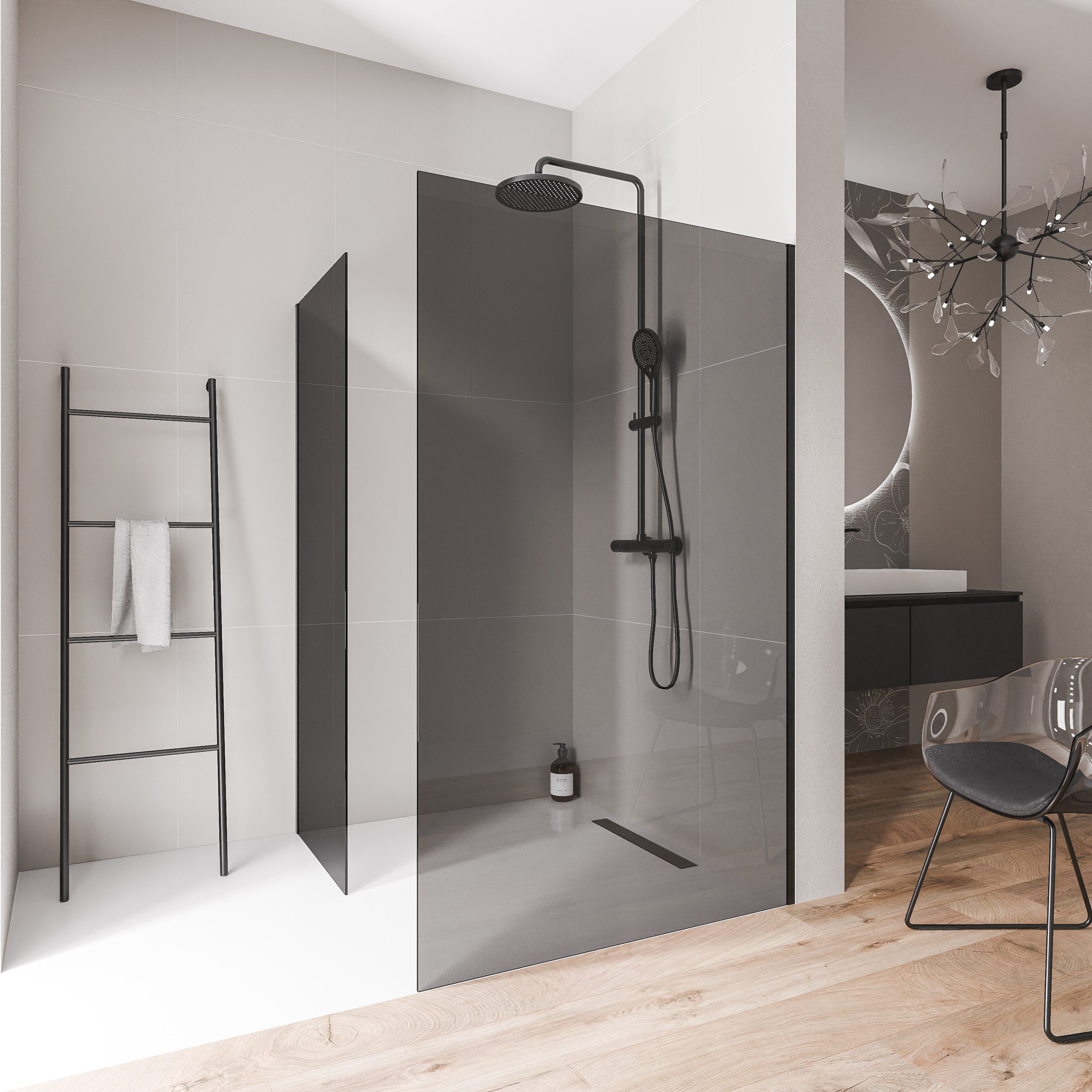 Bernstein Walk-in-Dusche EX102, Einscheibensicherheitsglas (ESG), (2 tlg., Ohne Bodenprofil), Graues Glas, 10 mm, Ohne Bodenprofil, Profil Schwarz matt
