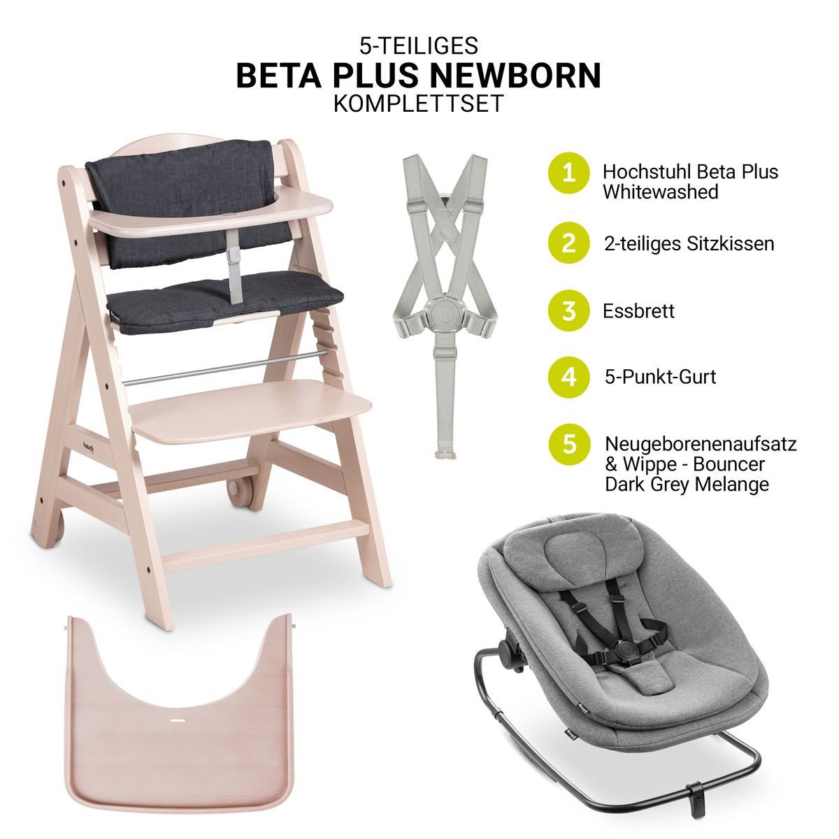 Hauck Hochstuhl Beta Plus Whitewashed Newbornset 3in1 Bouncer (Set), Holz Babystuhl ab Geburt mit Neugeborenensufsatz, Sitzkissen, Essbrett