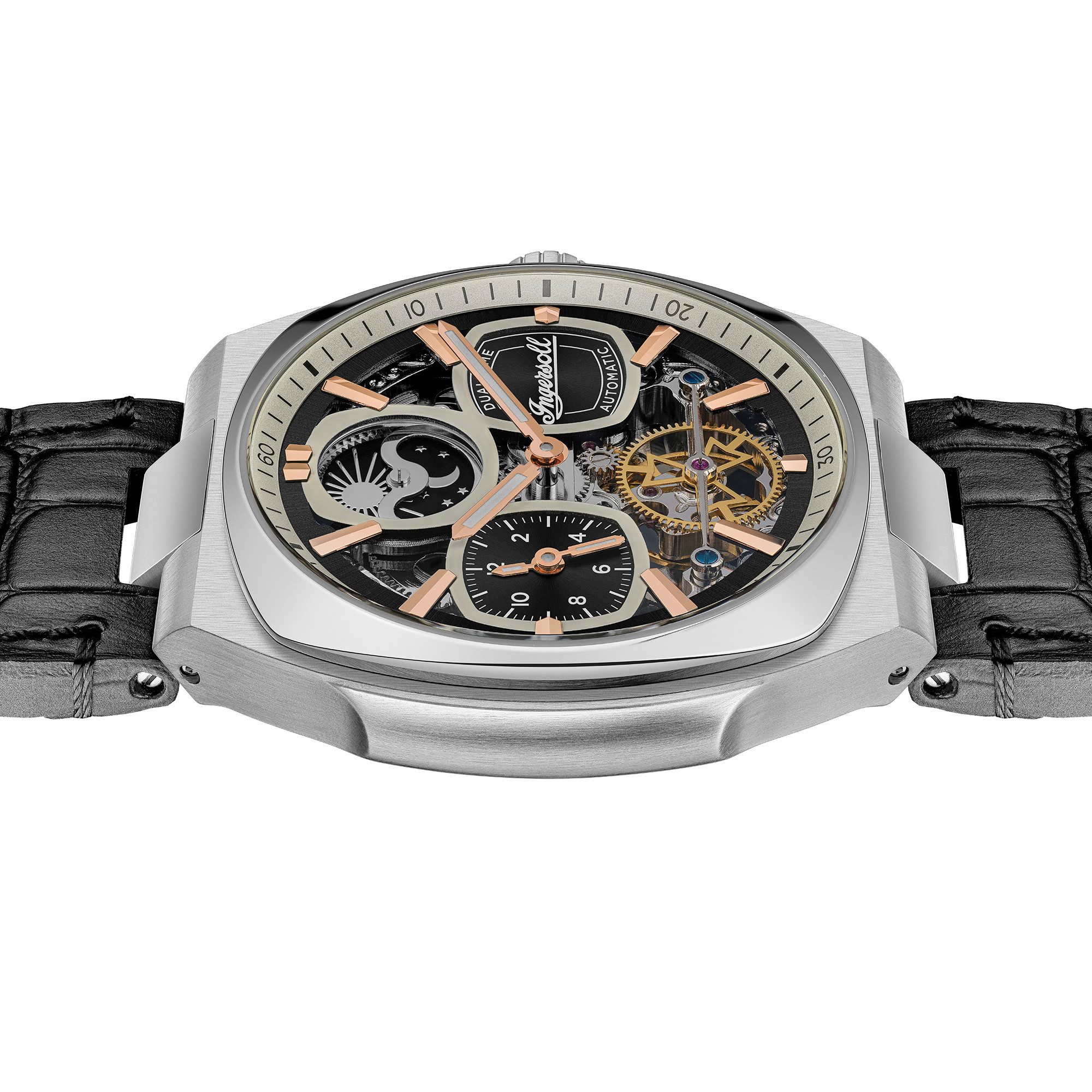 Ingersoll Automatikuhr The Spirit I15801, Armbanduhr, Herrenuhr, Mechanische Uhr, Lederarmband, analog, Dualzeit