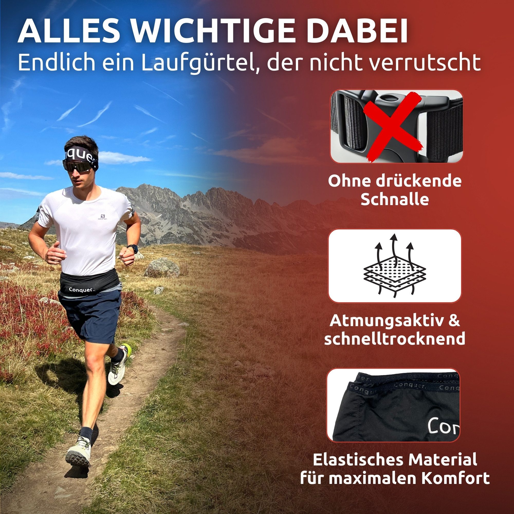 Conquer. Laufgürtel für Flasche und Zubehör - Lauftasche Damen & Herren Enge Passform