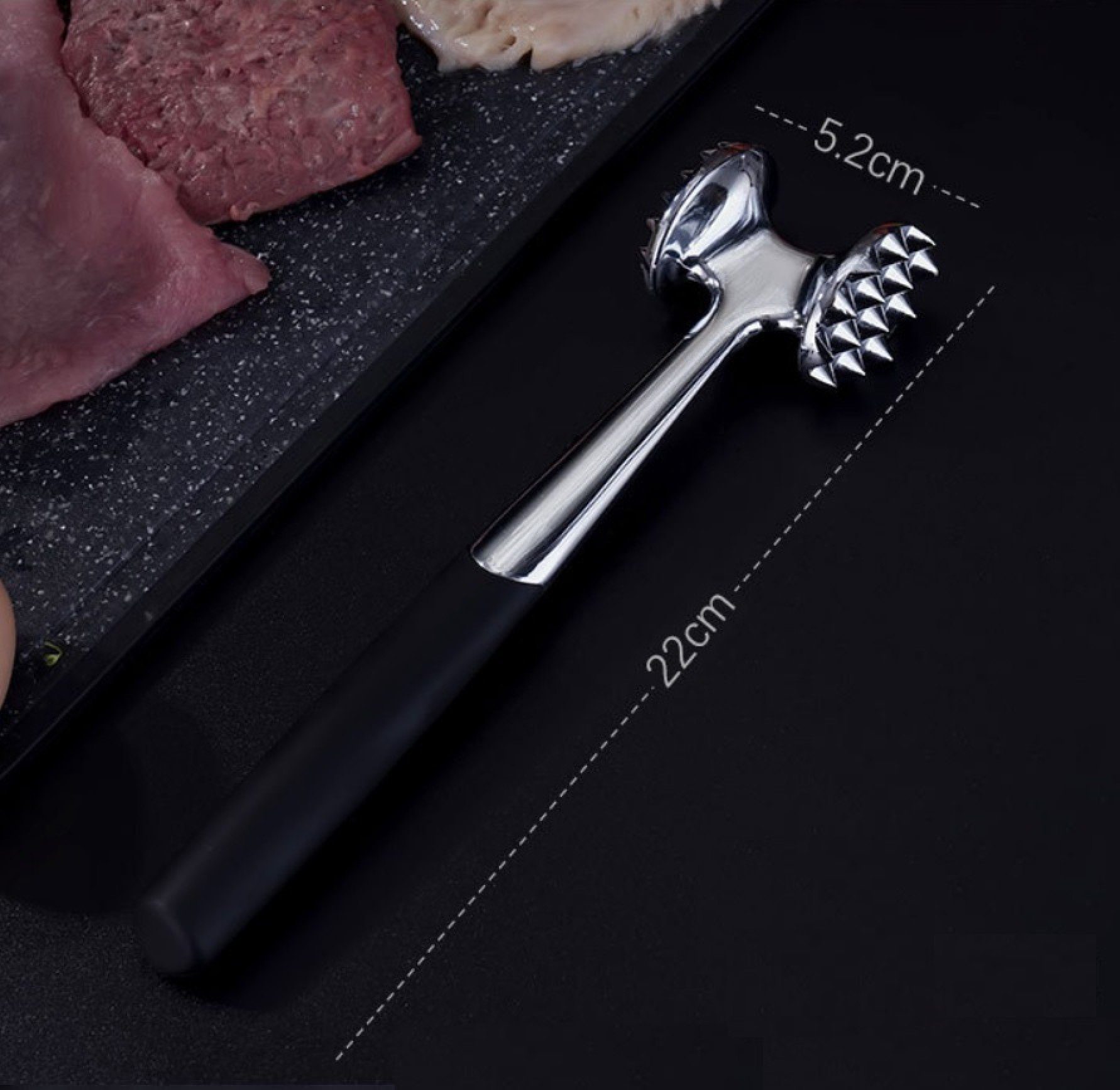 Fleischhammer BAYLI Edelstahl, Fleischklopfer mit Pizzaschneider aus Doppelseitiger zwei