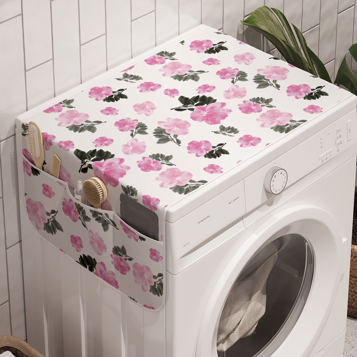Abakuhaus Badorganizer Anti-Rutsch-Stoffabdeckung für Waschmaschine und Trockner, Pfingstrose Romantische Pinkish Blumen-Kunst