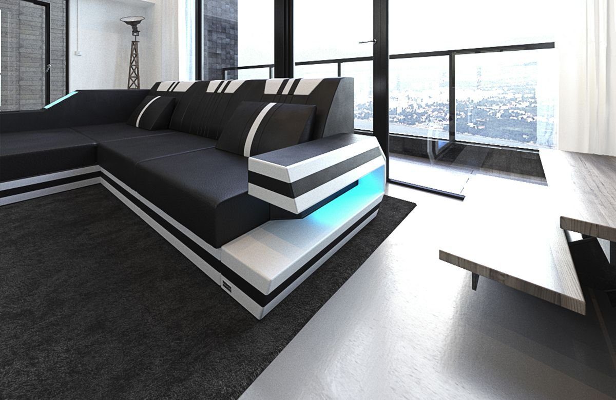Sofa Dreams Ecksofa Ravenna L Form Leder mit Ottomane und USB, Couch, mit LED, wahlweise mit Bettfunktion als Schlafsofa, Designersofa