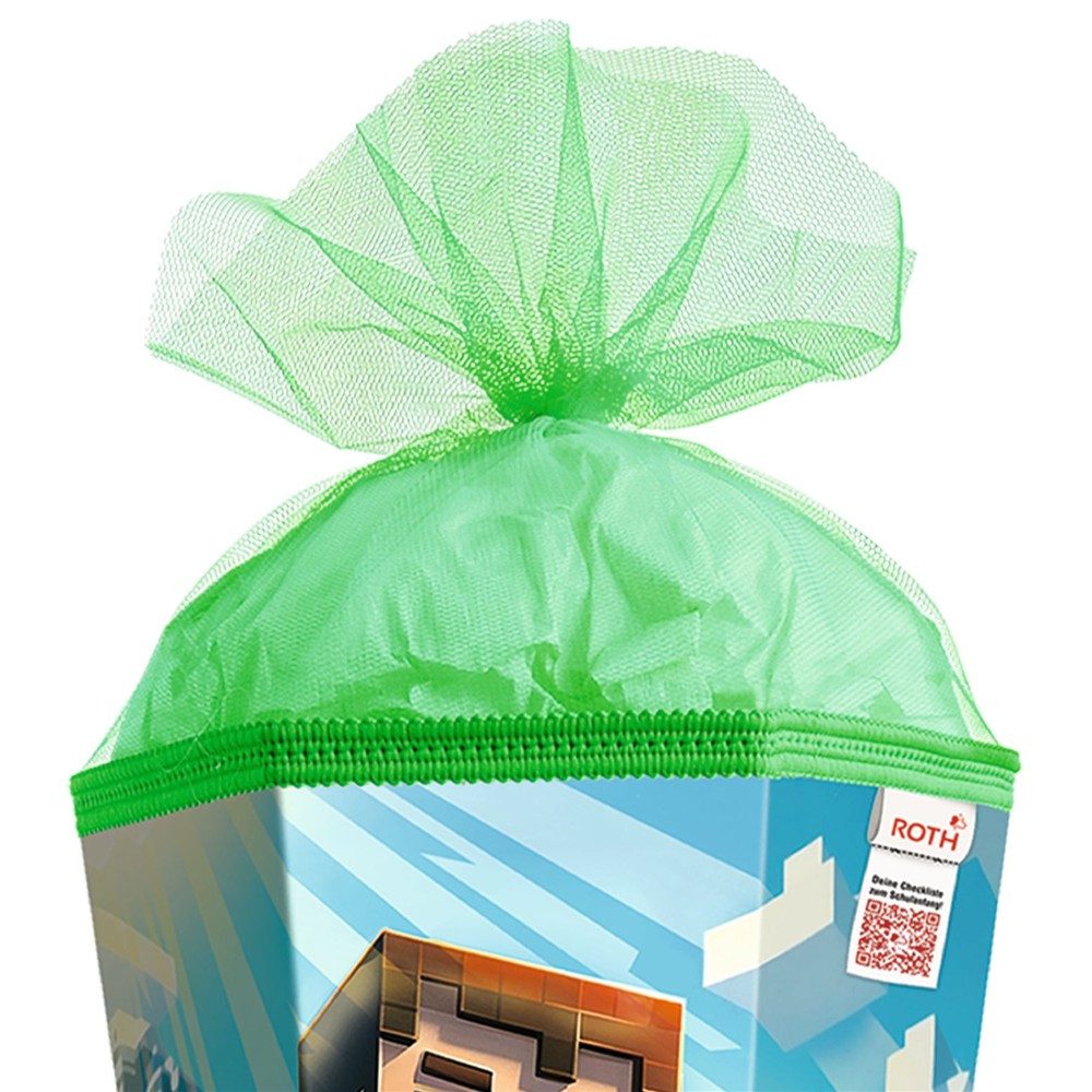 Roth Schultüte Motivschultüte Block Game, 100 cm große Zuckertüte zur Einschulung, Pixelwelt, XXL-Format, grüner Tüll, stabile ROT(H)-Spitze, Schulstart – Bild 5 von 5