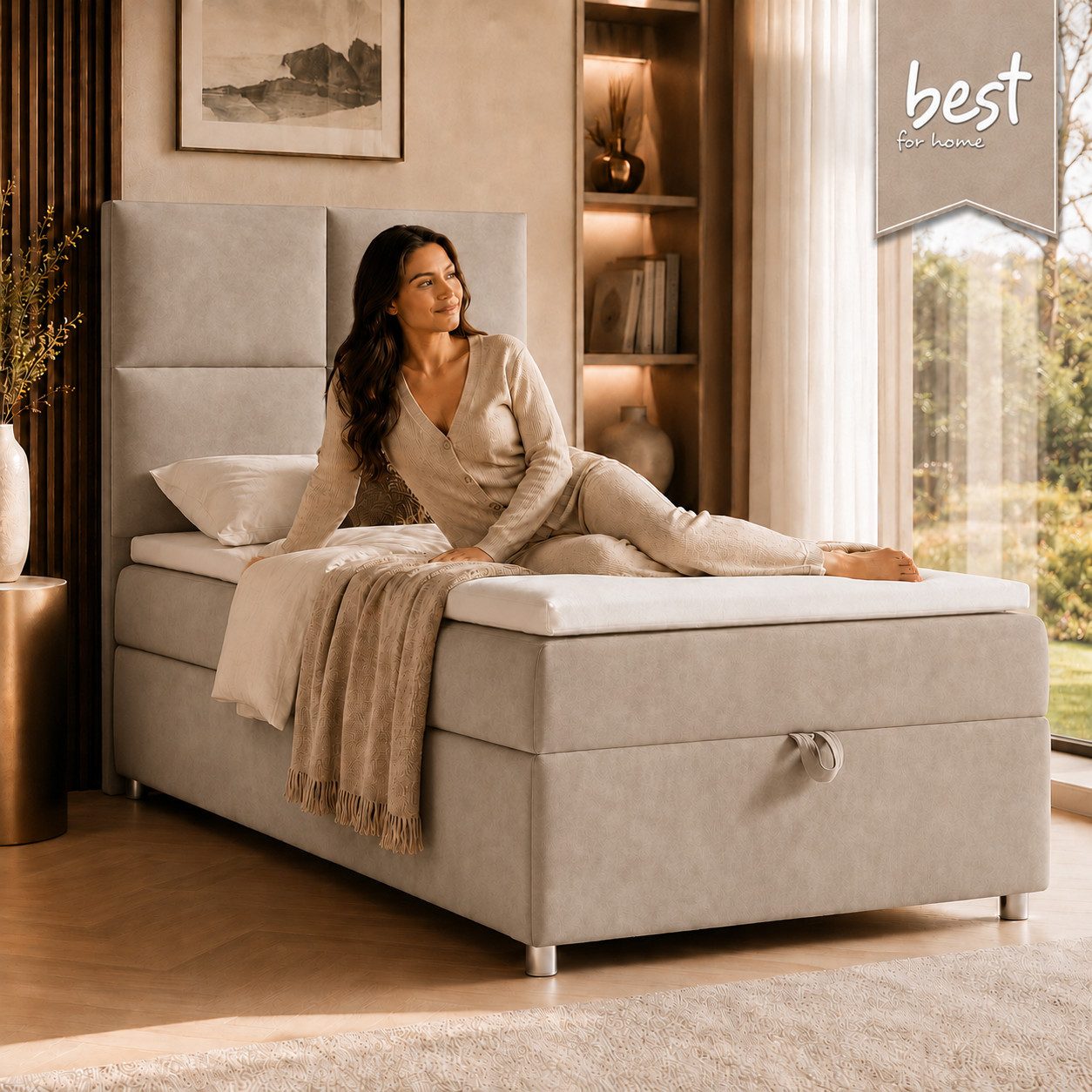 Best for Home Boxspringbett Trinity K-2 mit Bettkasten & Topper – Komfort & Stauraum (Einzelbett, Hotelbett, Polsterbett gepolstertes Kopfteil, Jugendbett, Kinderbett versch. Größen, 1-St., 70x200 80x200 90x200 100x200 cm), Einzel-Boxspringbett mit integriertem Stauraum, gepolstertem Kopfteil