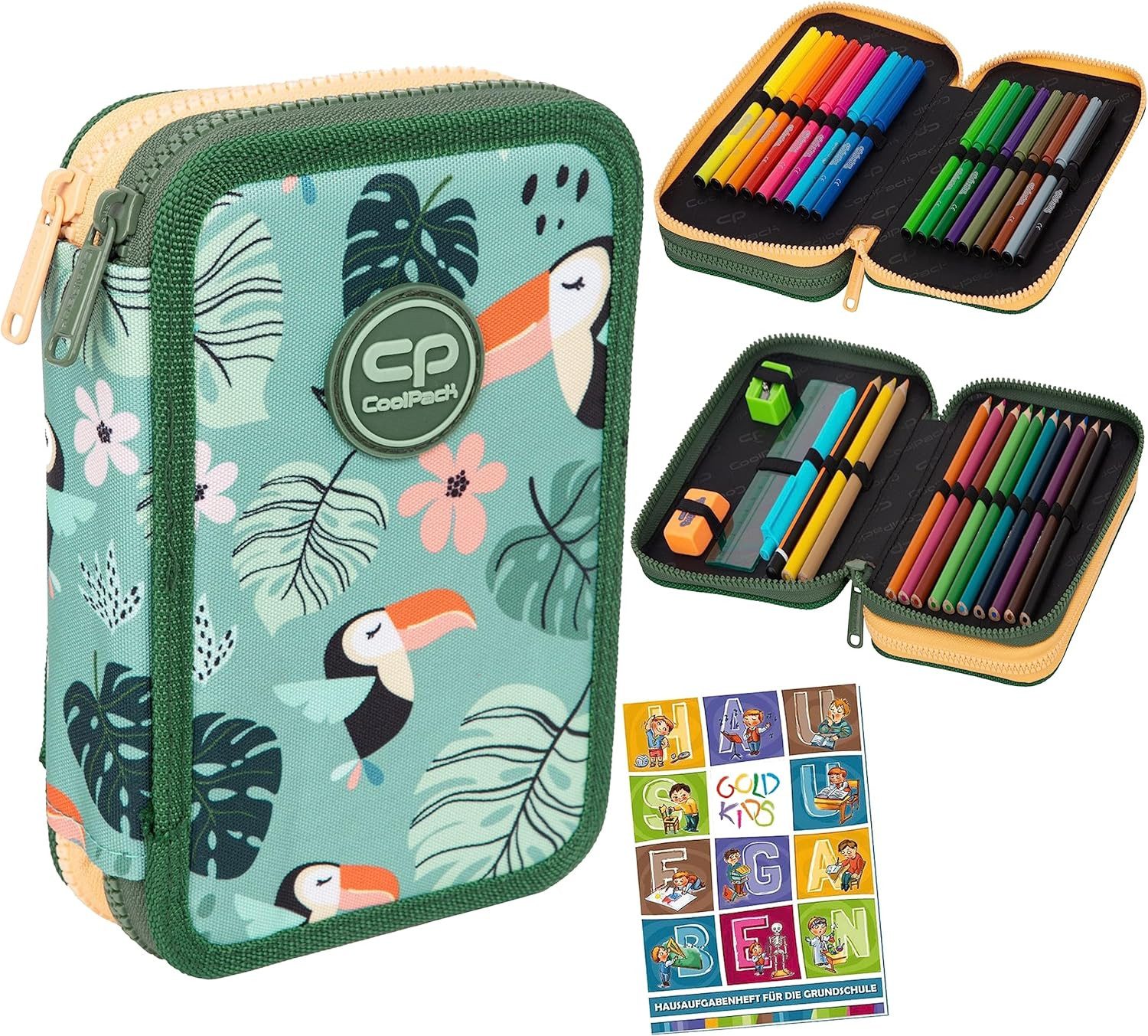 GOLDKIDS Federmäppchen COOLPACK 2-fache Federtasche Federmappe, (Toucans Tukane 35-teilig Schüleretui Stifte, 1-tlg., und Pinsel Fanartikel inkl. Aufgabenheft), Federbox Etui Stiftetasche Schlamper-Etui Schul-Etui