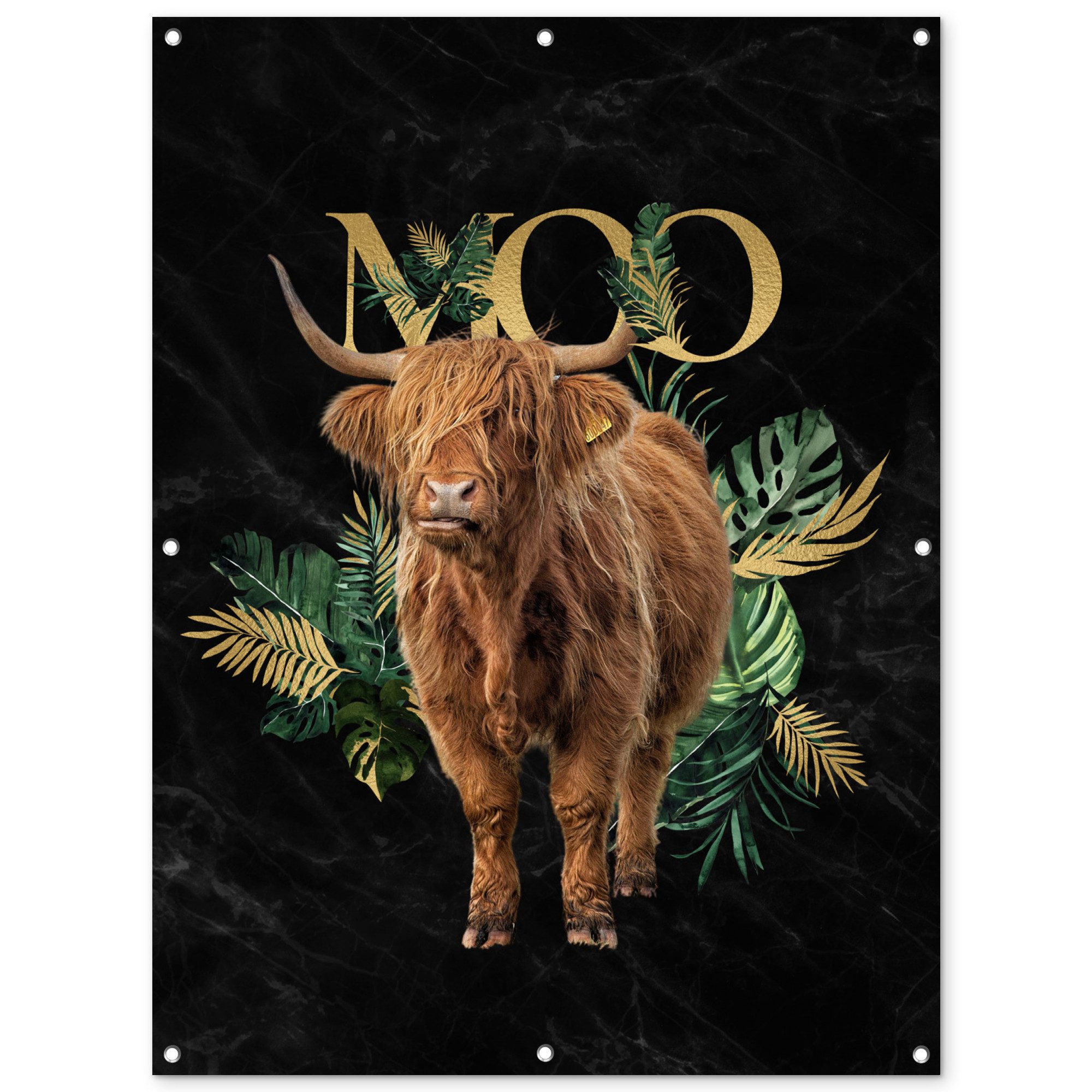 OnlyWow Poster für Garten Schottische Highlander - Tropische Pflanzen - Sprichwort, Gartenposter, Outdoor Bilder, Gartendeko für draußen, 90x120 cm